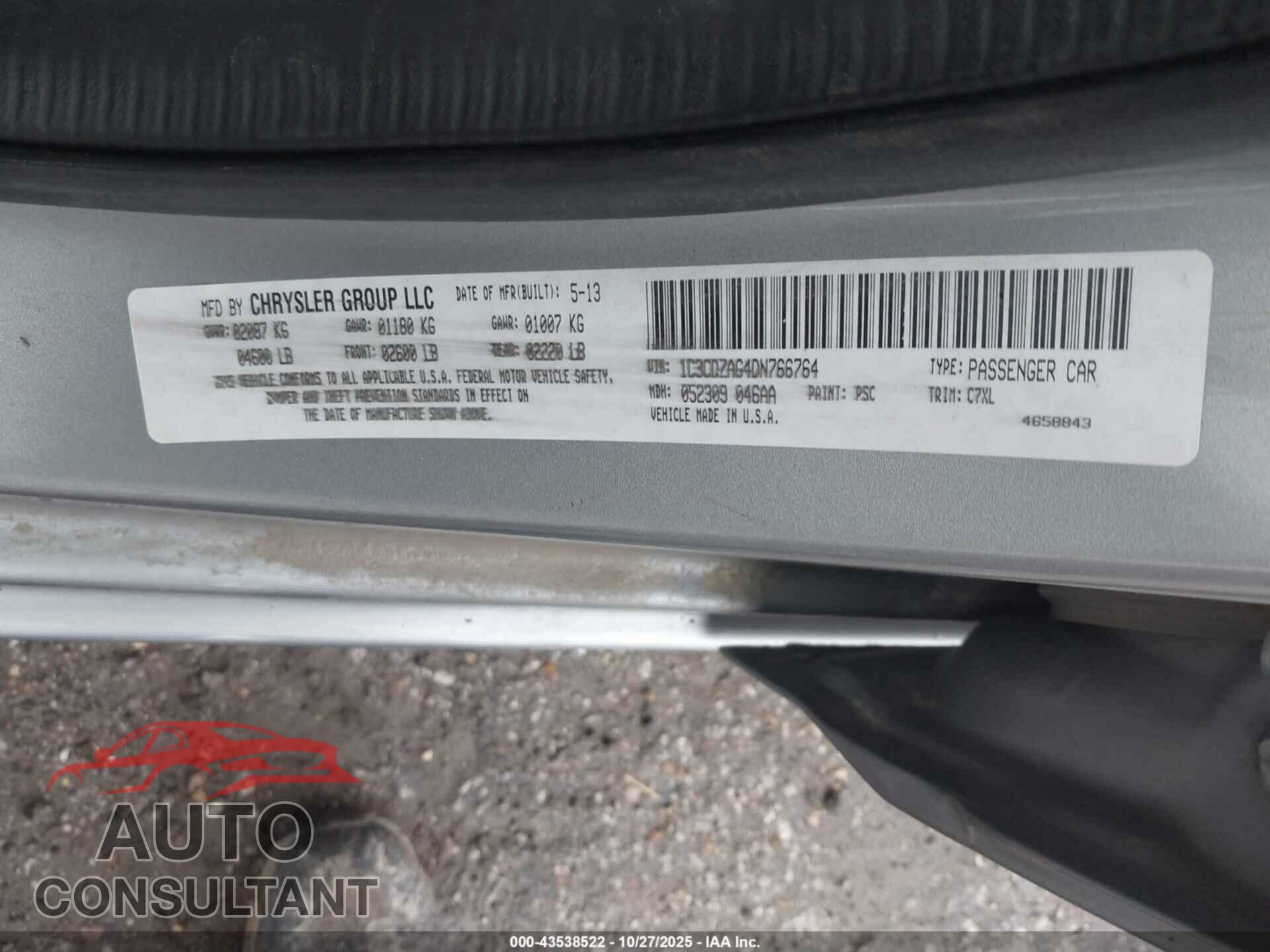 DODGE AVENGER 2013 - 1C3CDZAG4DN766764