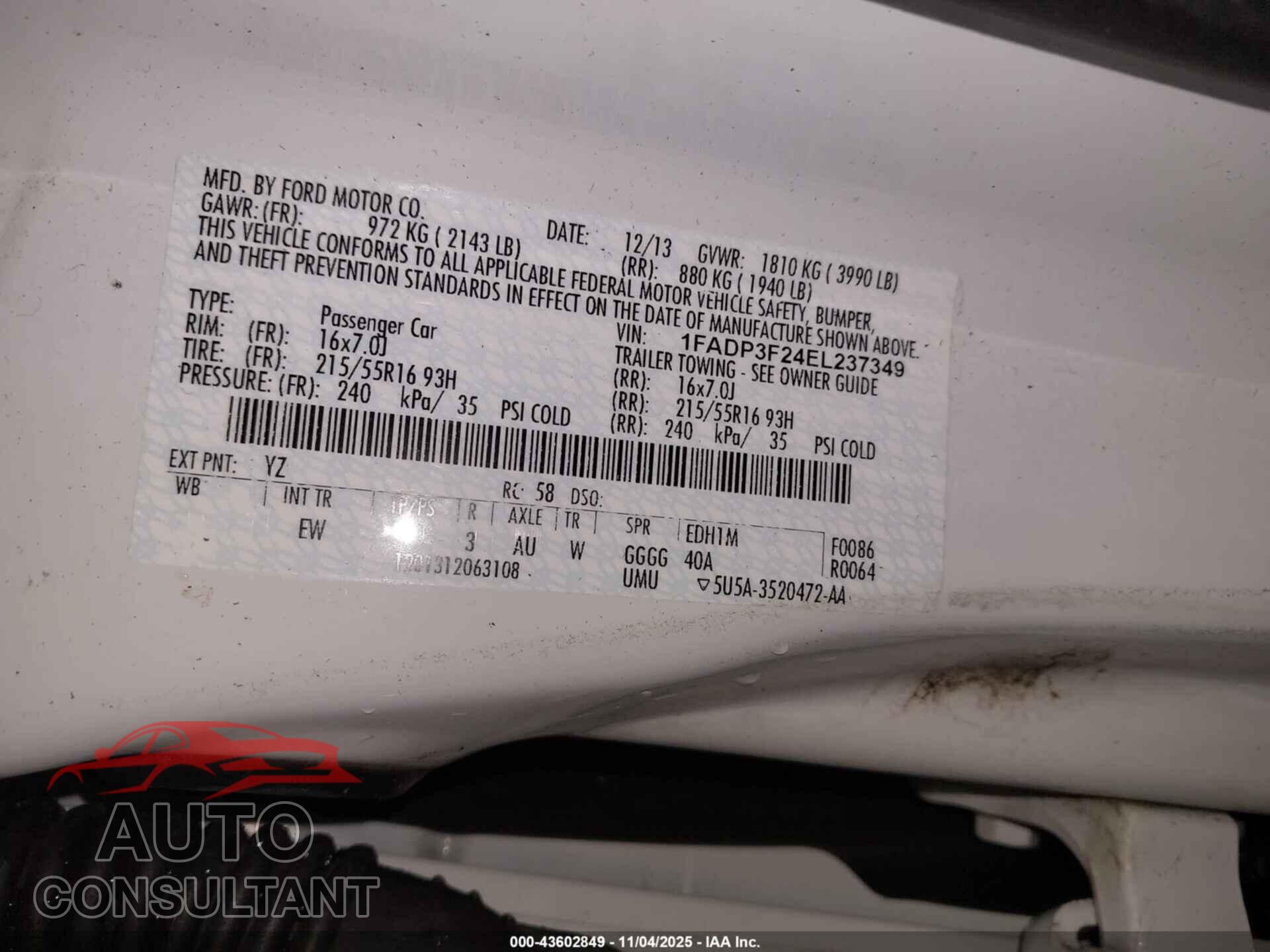 FORD FOCUS 2014 - 1FADP3F24EL237349