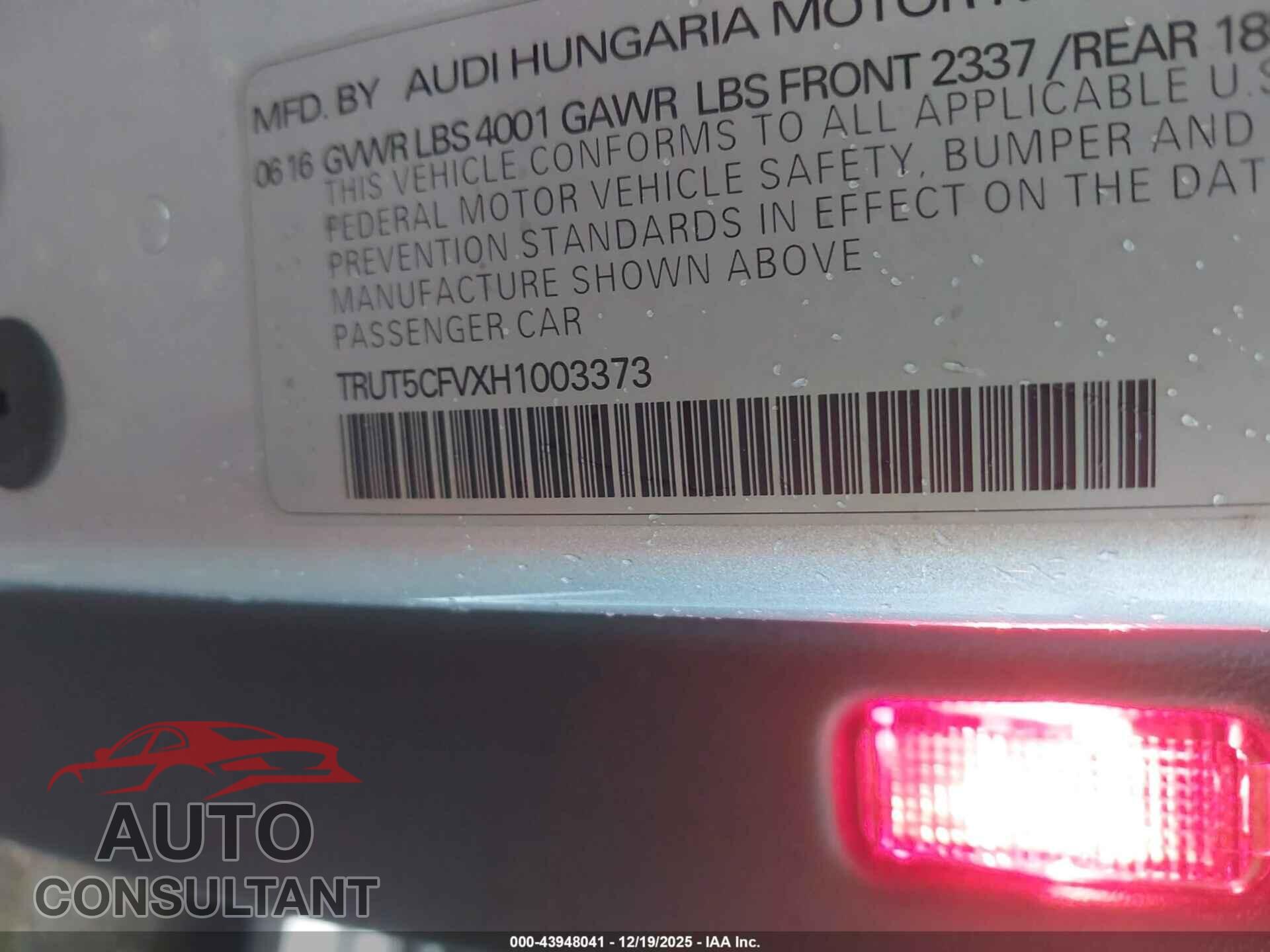 AUDI TT 2017 - TRUT5CFVXH1003373