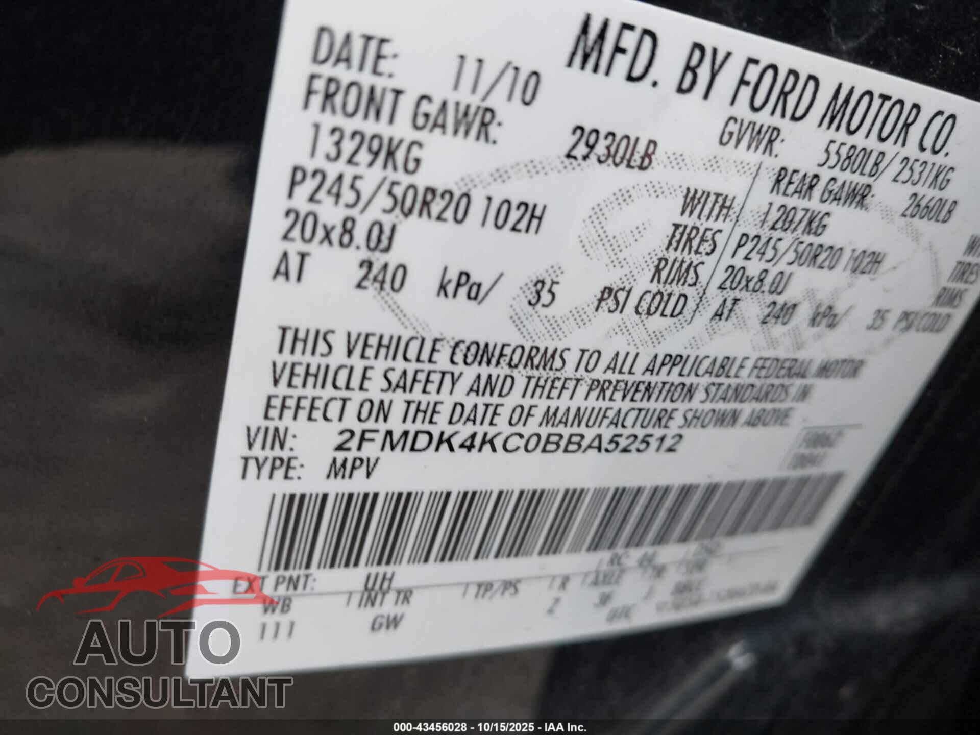 FORD EDGE 2011 - 2FMDK4KC0BBA52512