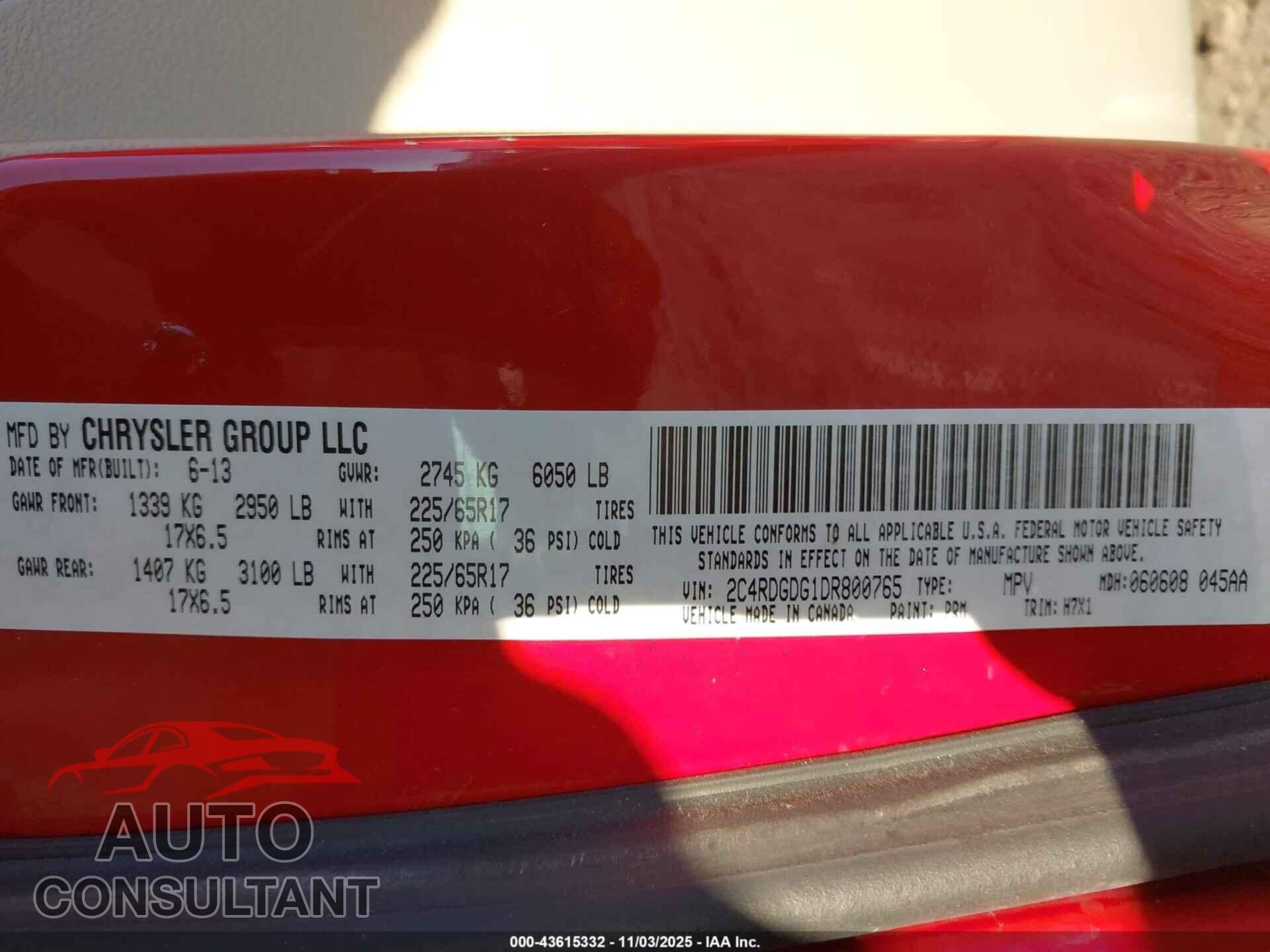 DODGE CARAVAN 2013 - 2C4RDDGD1DR800765