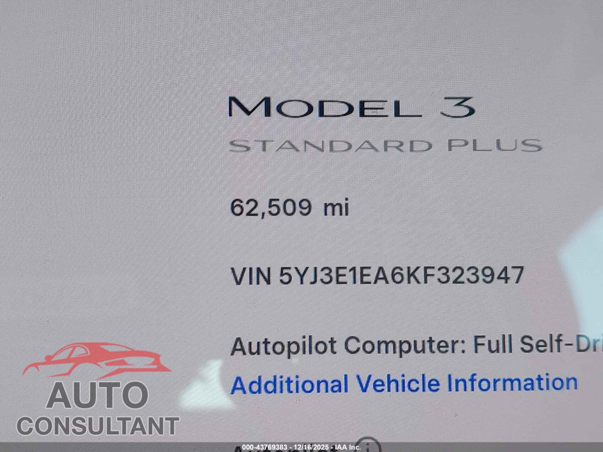 TESLA MODEL 3 2019 - 5YJ3E1EA6KF323947
