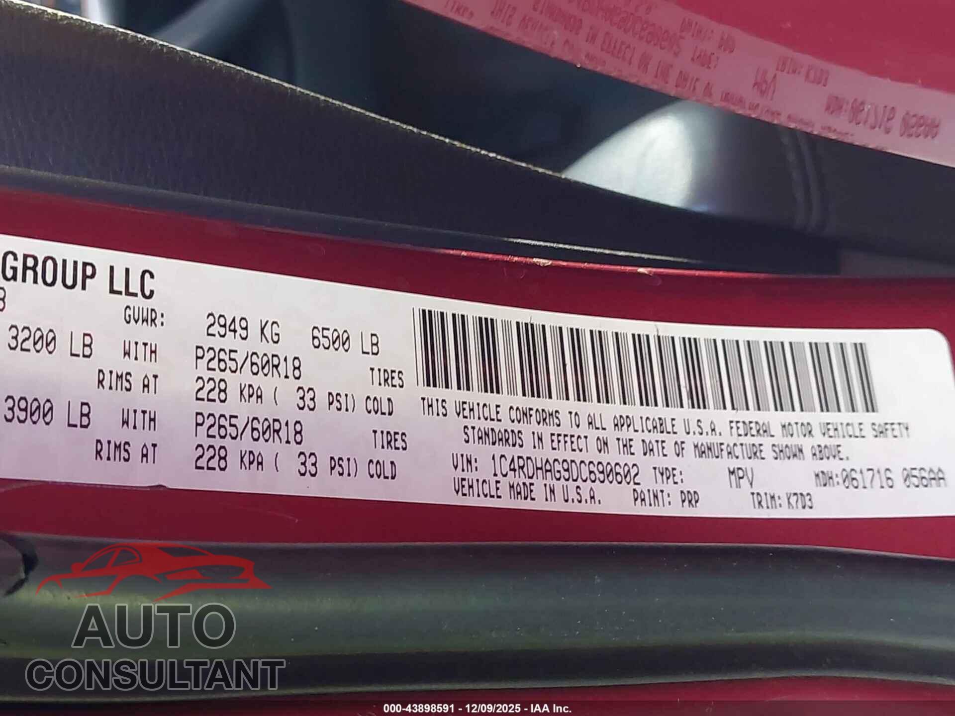 DODGE DURANGO 2013 - 1C4RDHAG9DC690602