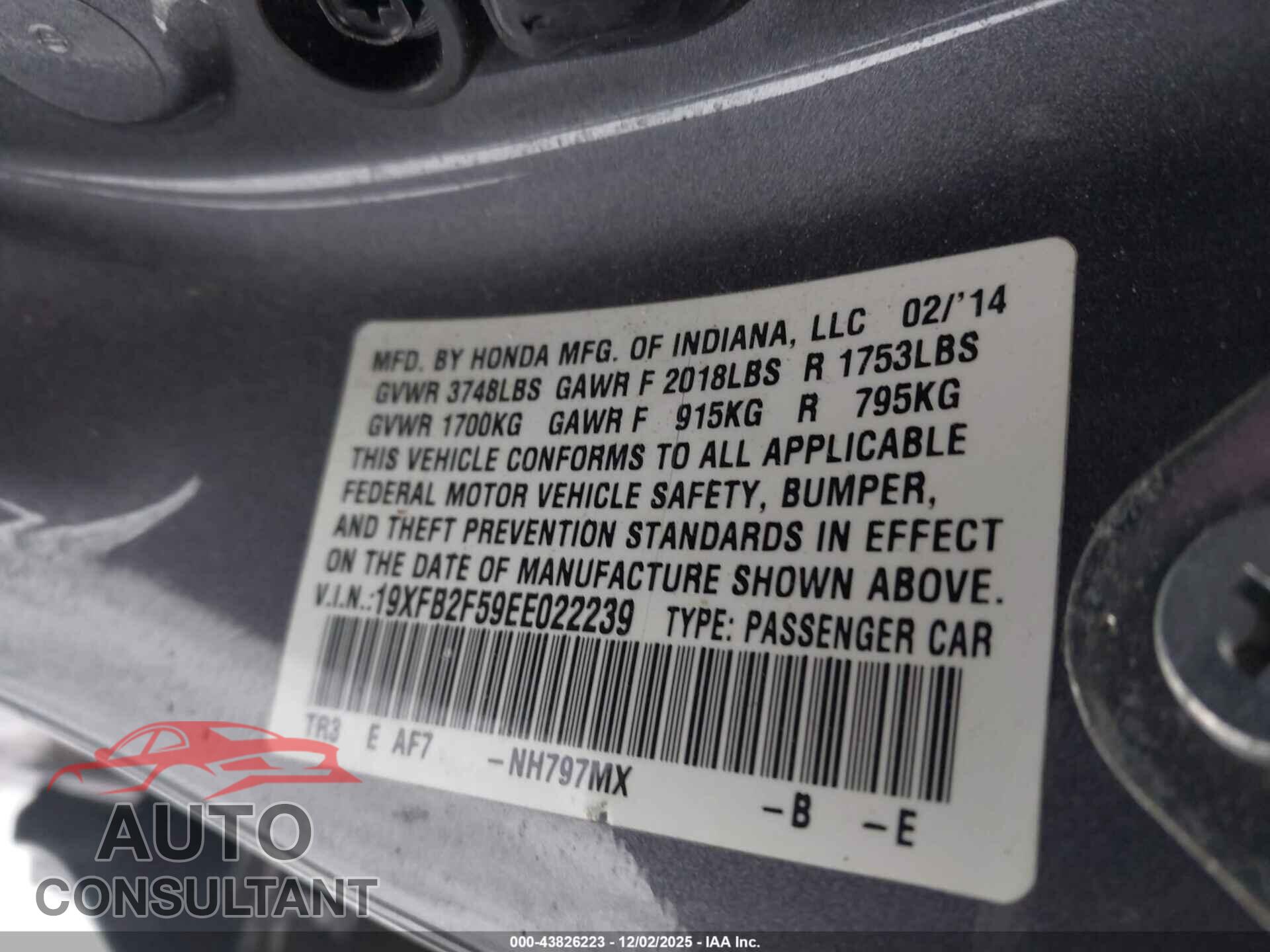 HONDA CIVIC 2014 - 19XFB2F59EE022239