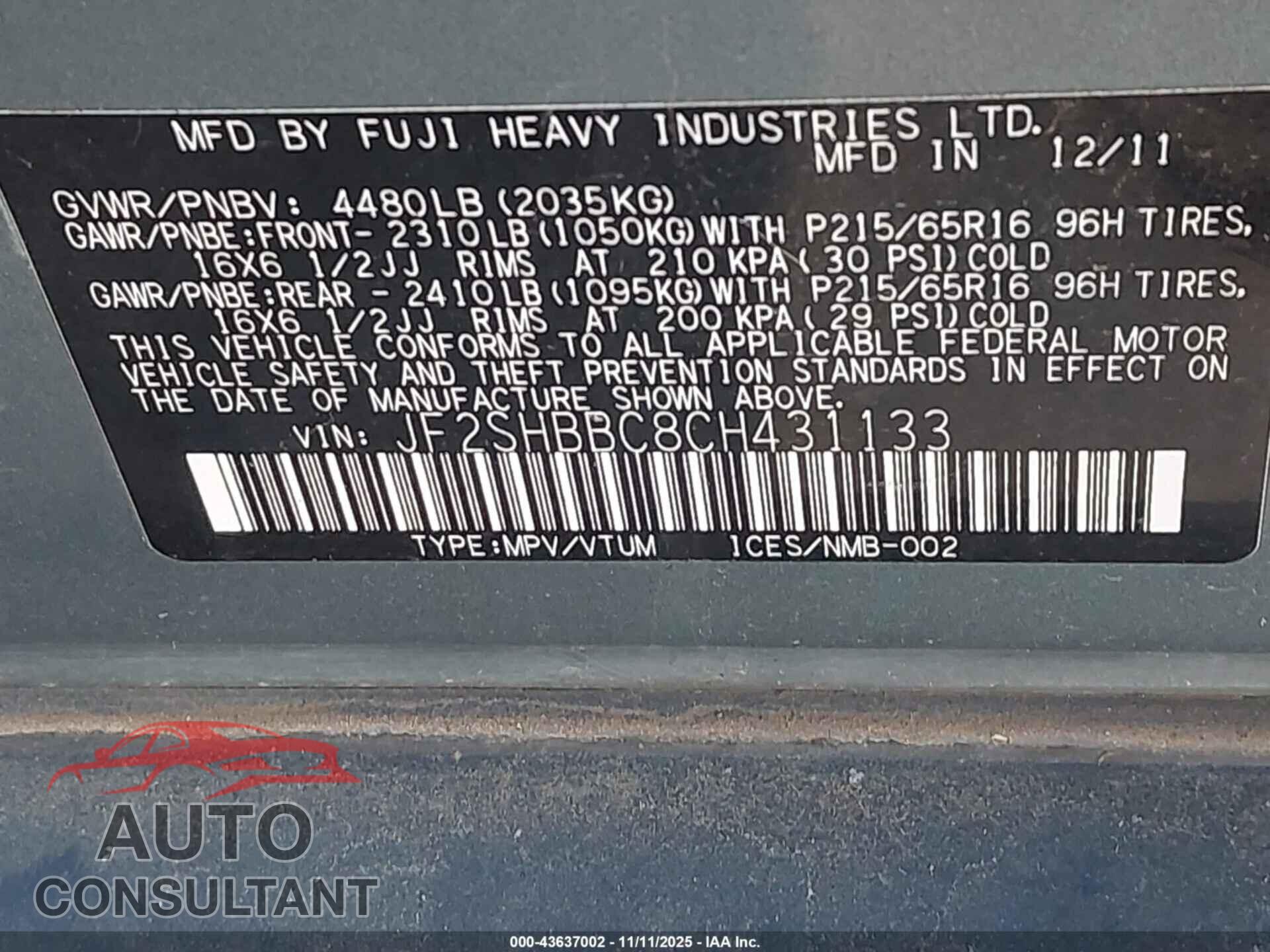 SUBARU FORESTER 2012 - JF2SHBBC8CH431133