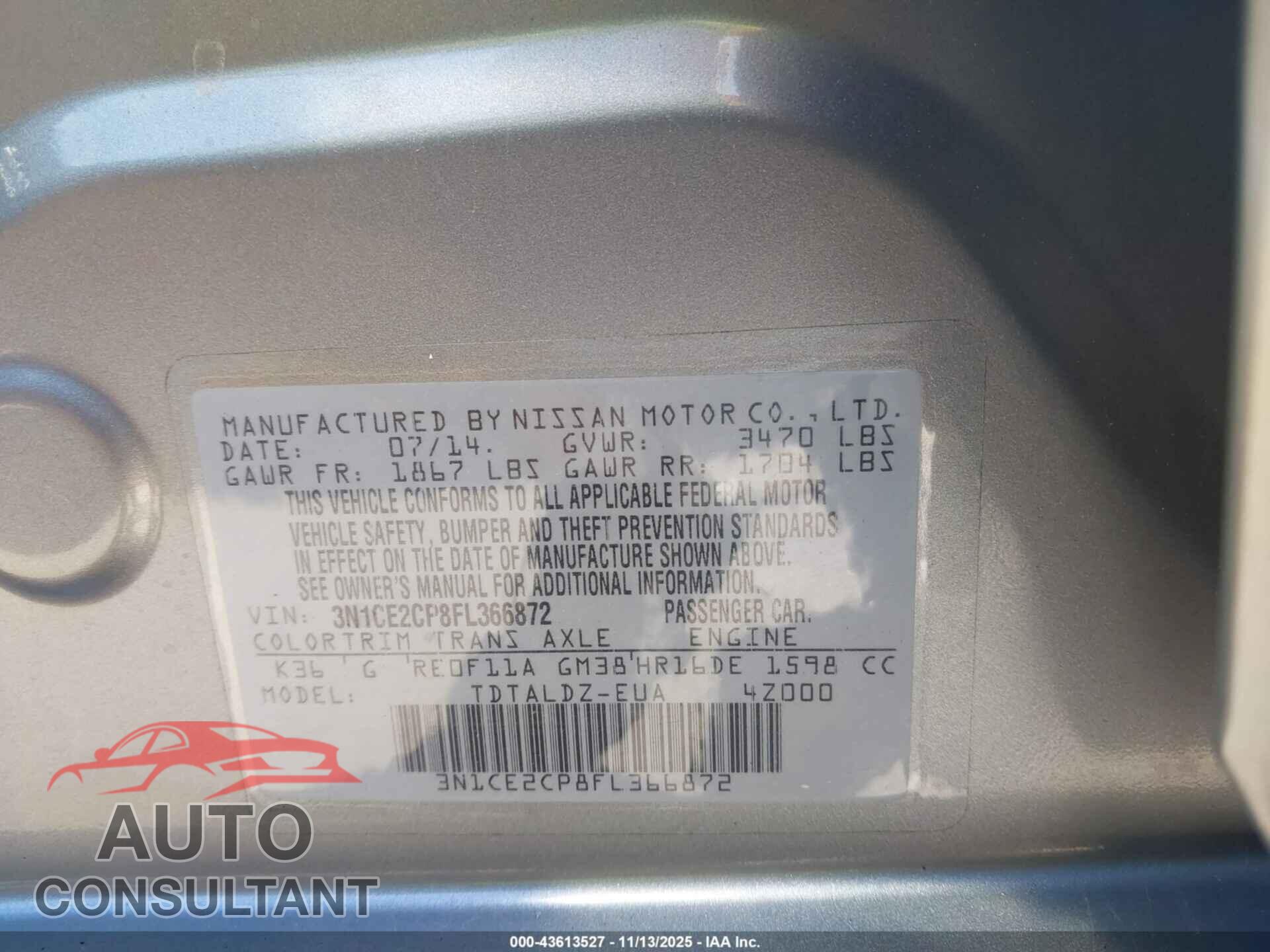 NISSAN VERSA NOTE 2015 - 3N1CE2CP8FL366872