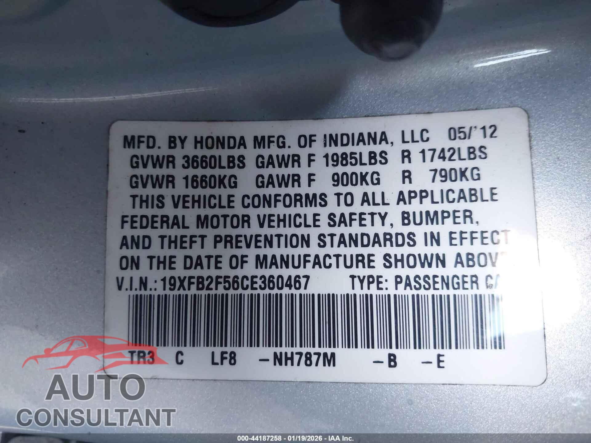 HONDA CIVIC 2012 - 19XFB2F56CE360467