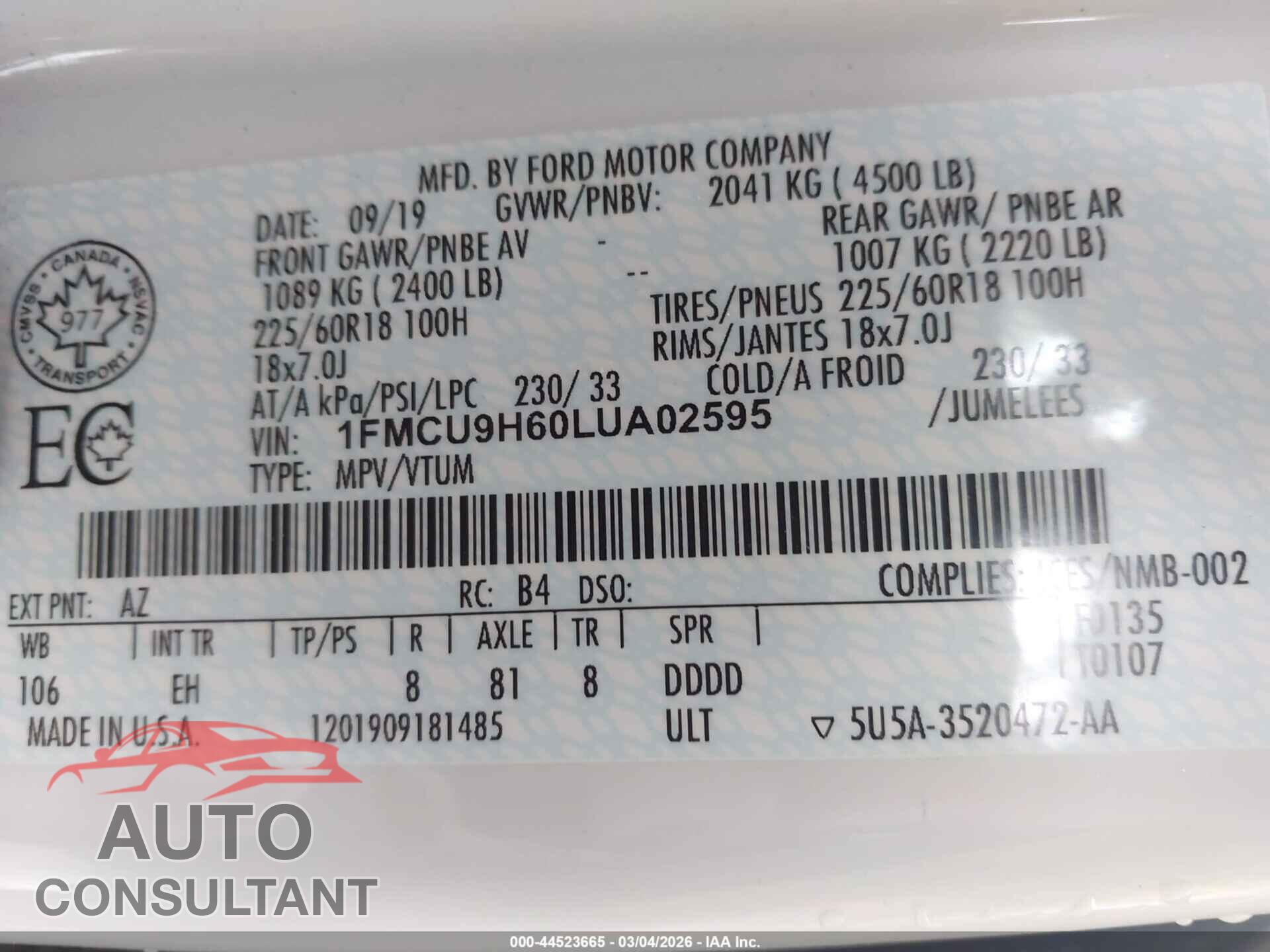 FORD ESCAPE 2020 - 1FMCU9H60LUA02595