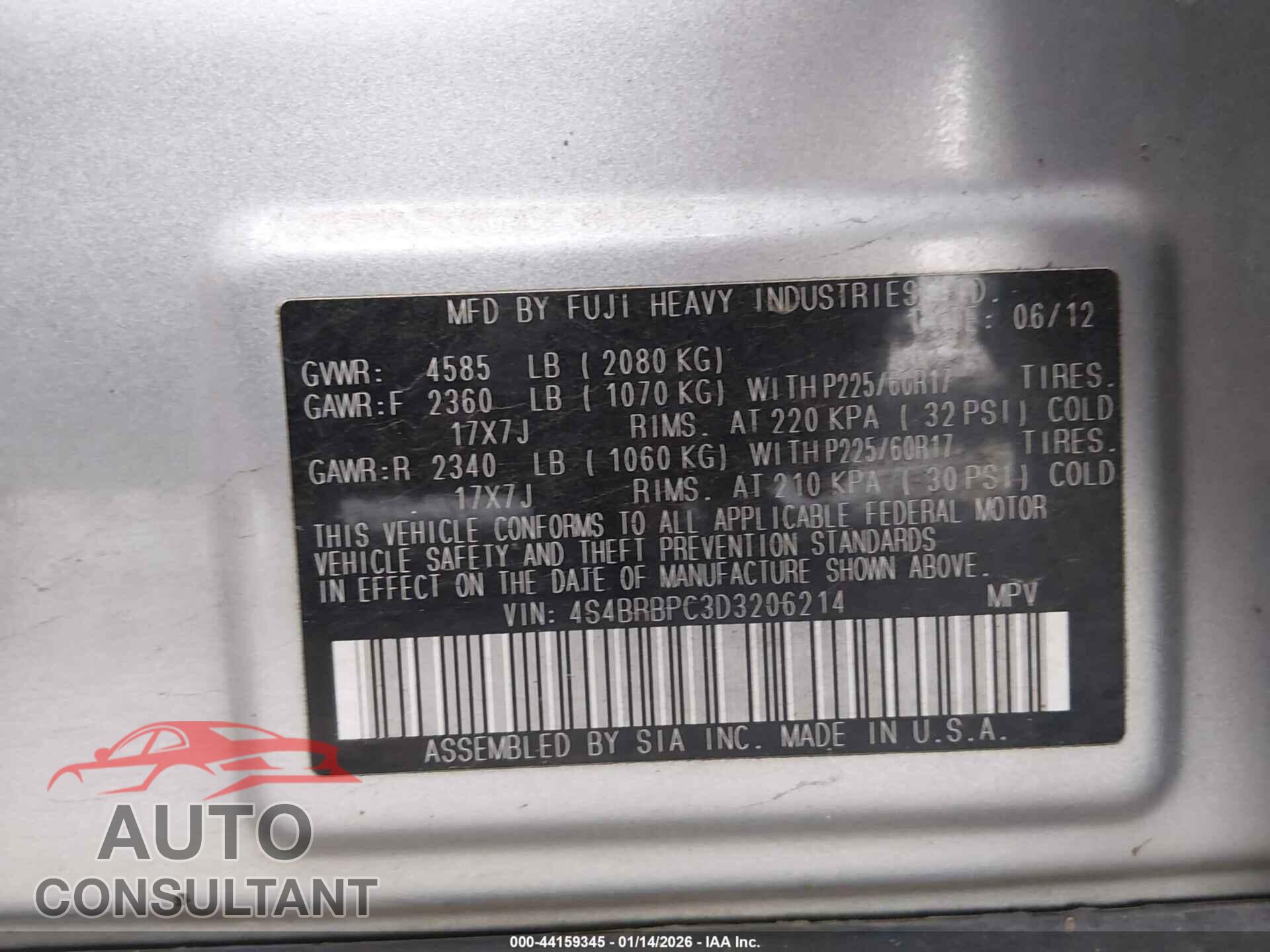 SUBARU OUTBACK 2013 - 4S4BRBPC3D3206214