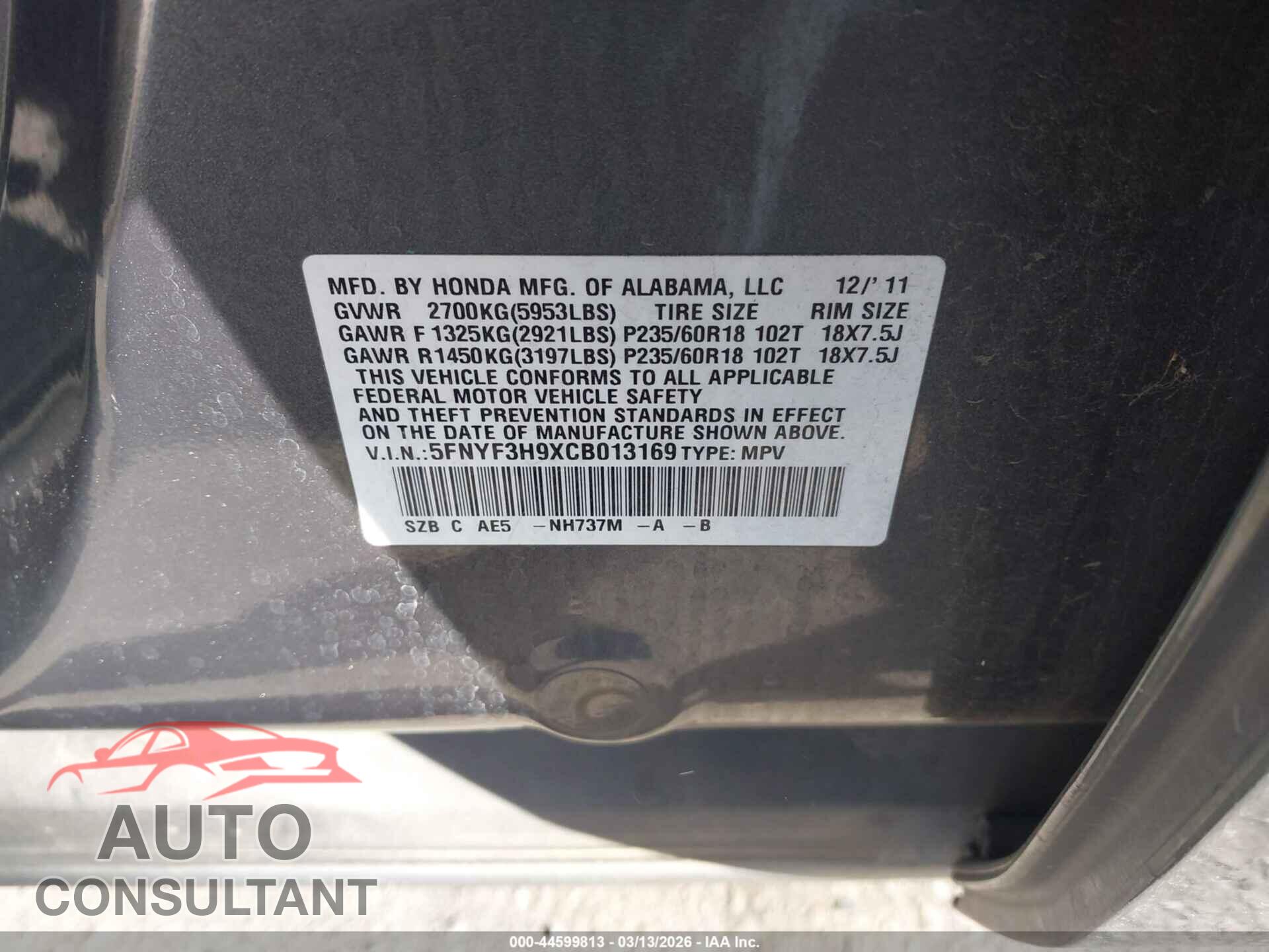 HONDA PILOT 2012 - 5FNYF3H9XCB013169