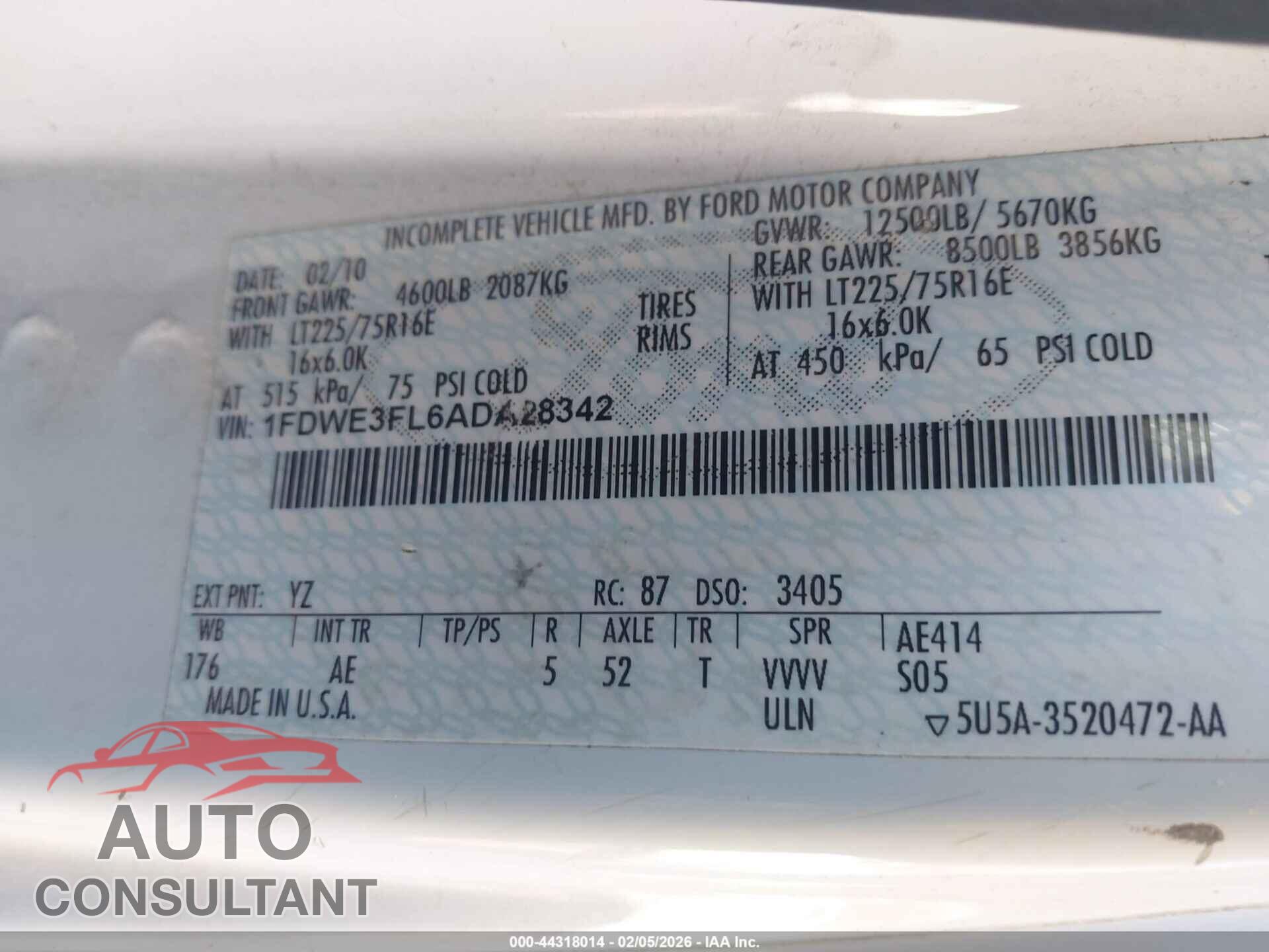 FORD E-350 CUTAWAY 2010 - 1FDWE3FL6ADA28342