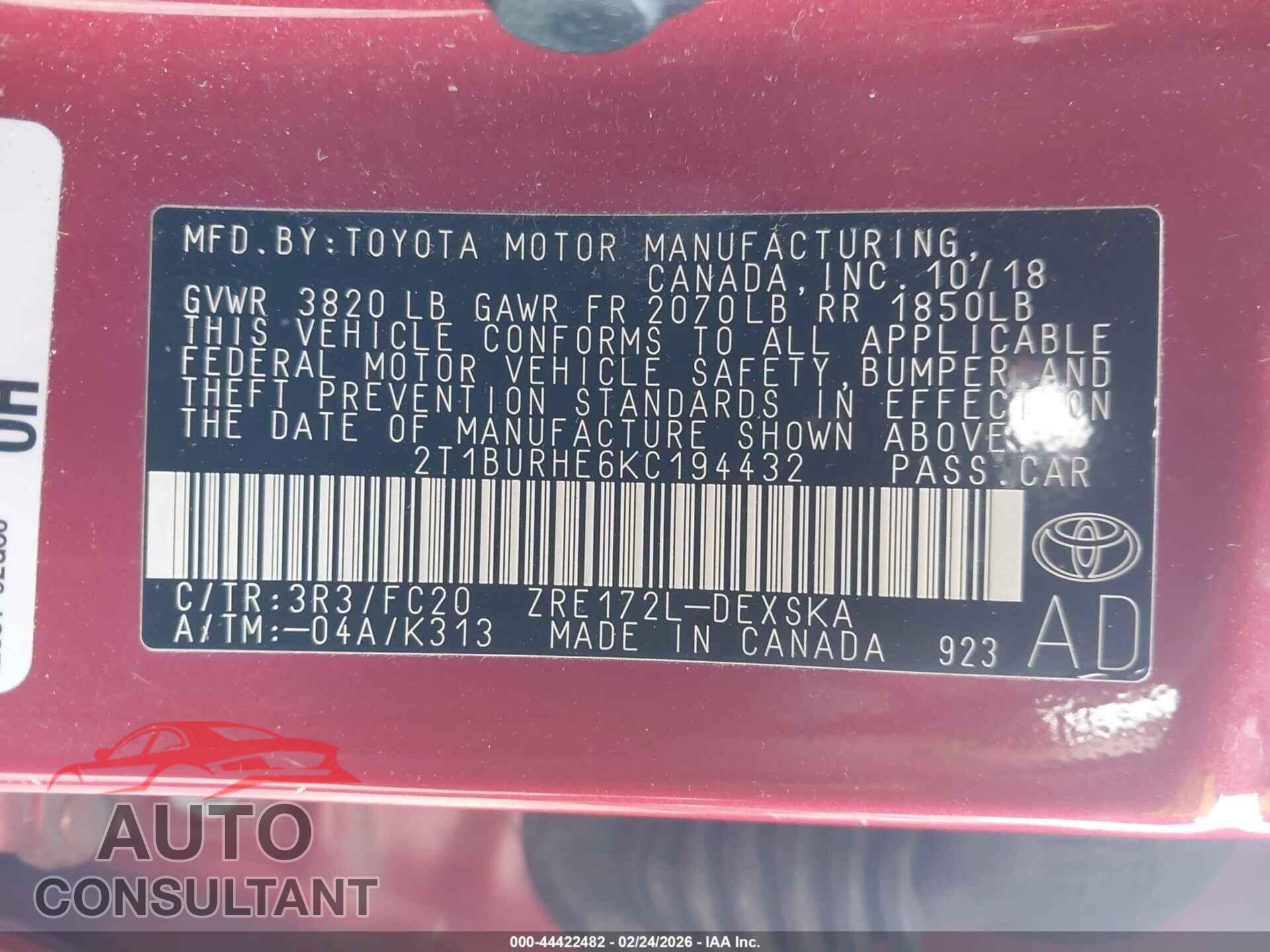TOYOTA COROLLA 2019 - 2T1BURHE6KC194432