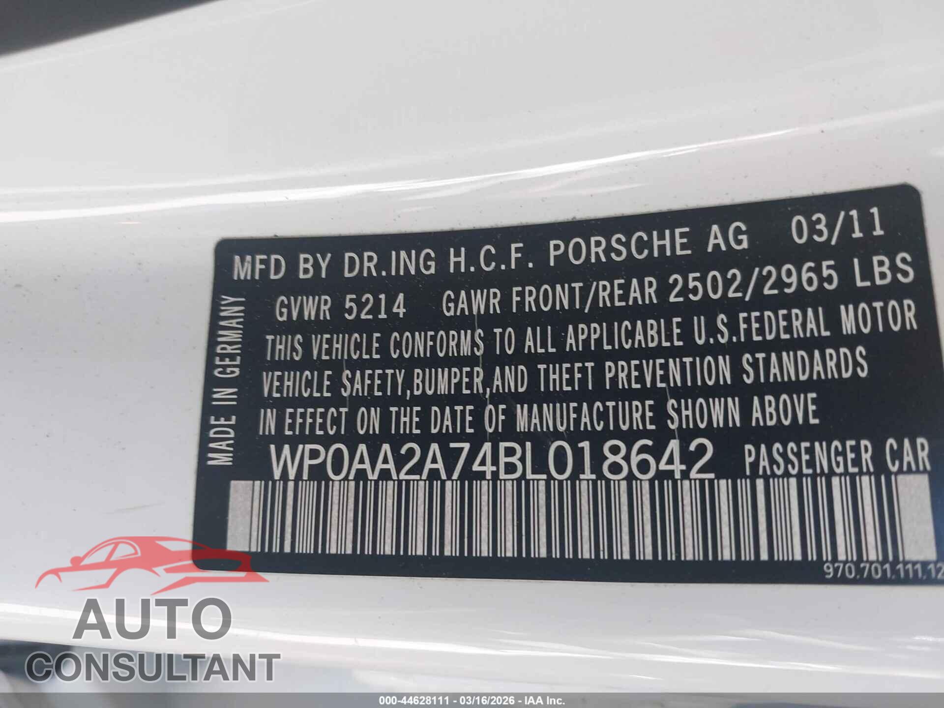 PORSCHE PANAMERA 2011 - WP0AA2A74BL018642