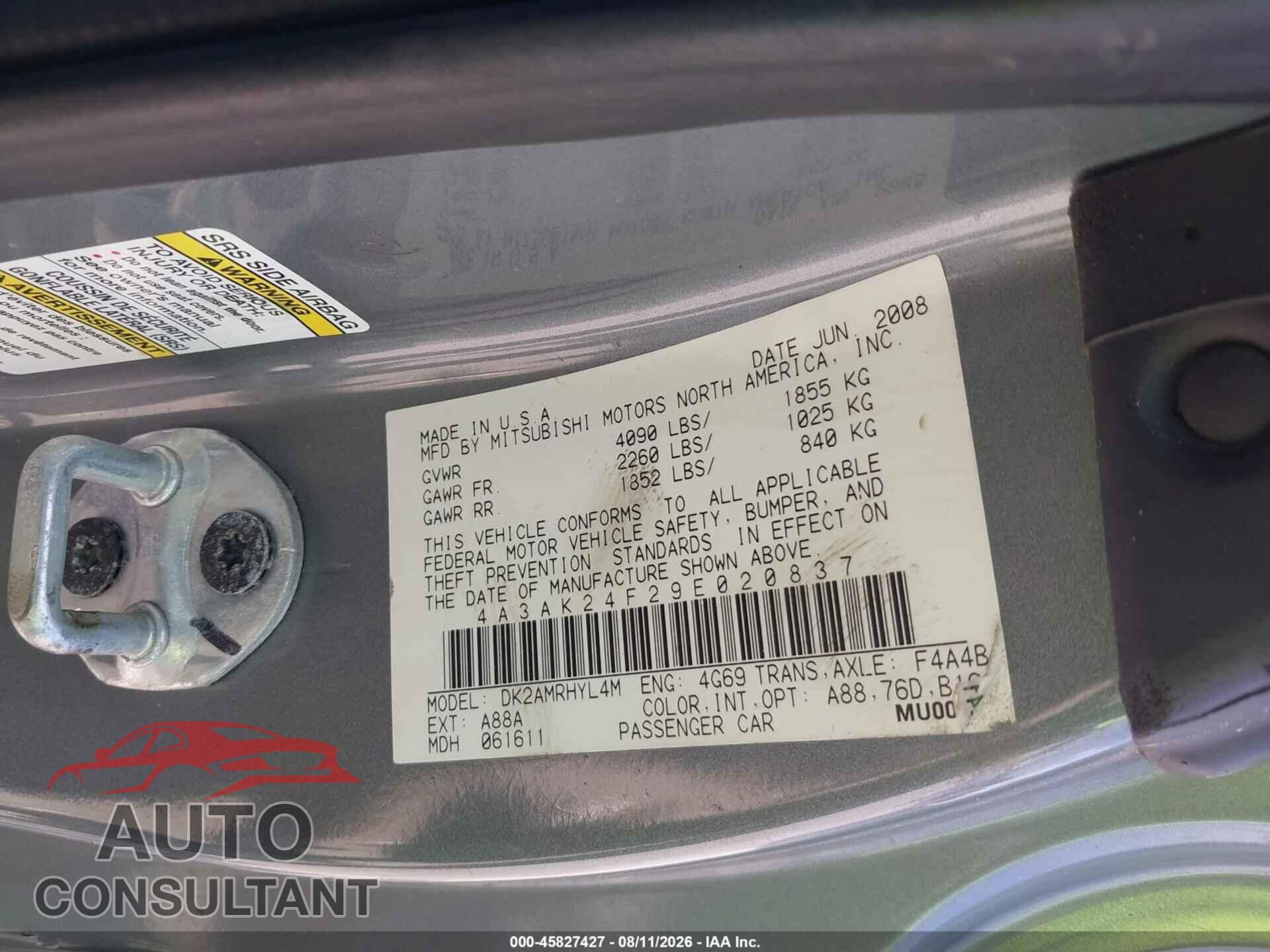 MITSUBISHI ECLIPSE 2009 - 4A3AK24F29E020837