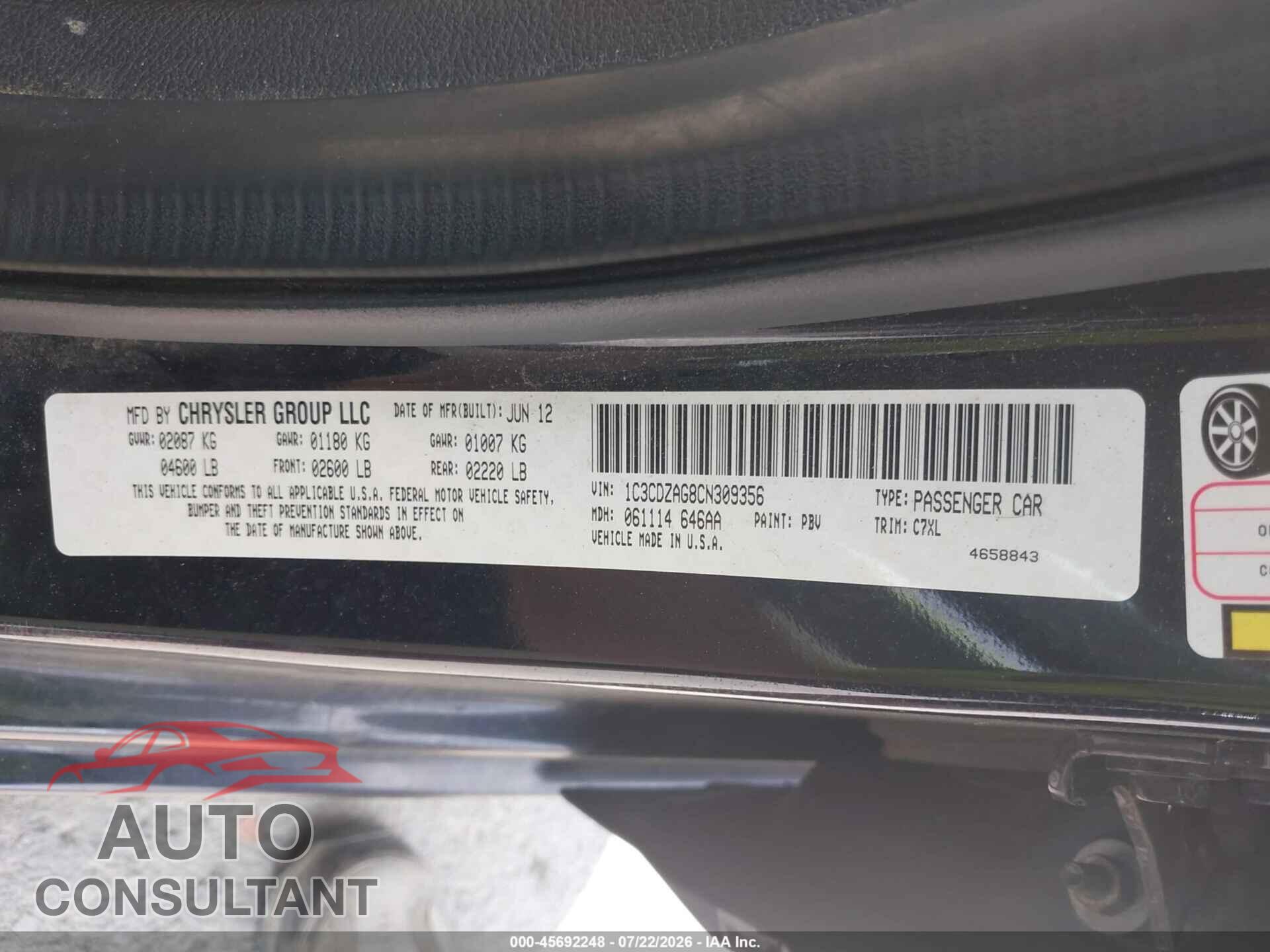 DODGE AVENGER 2012 - 1C3CDZAG8CN309356
