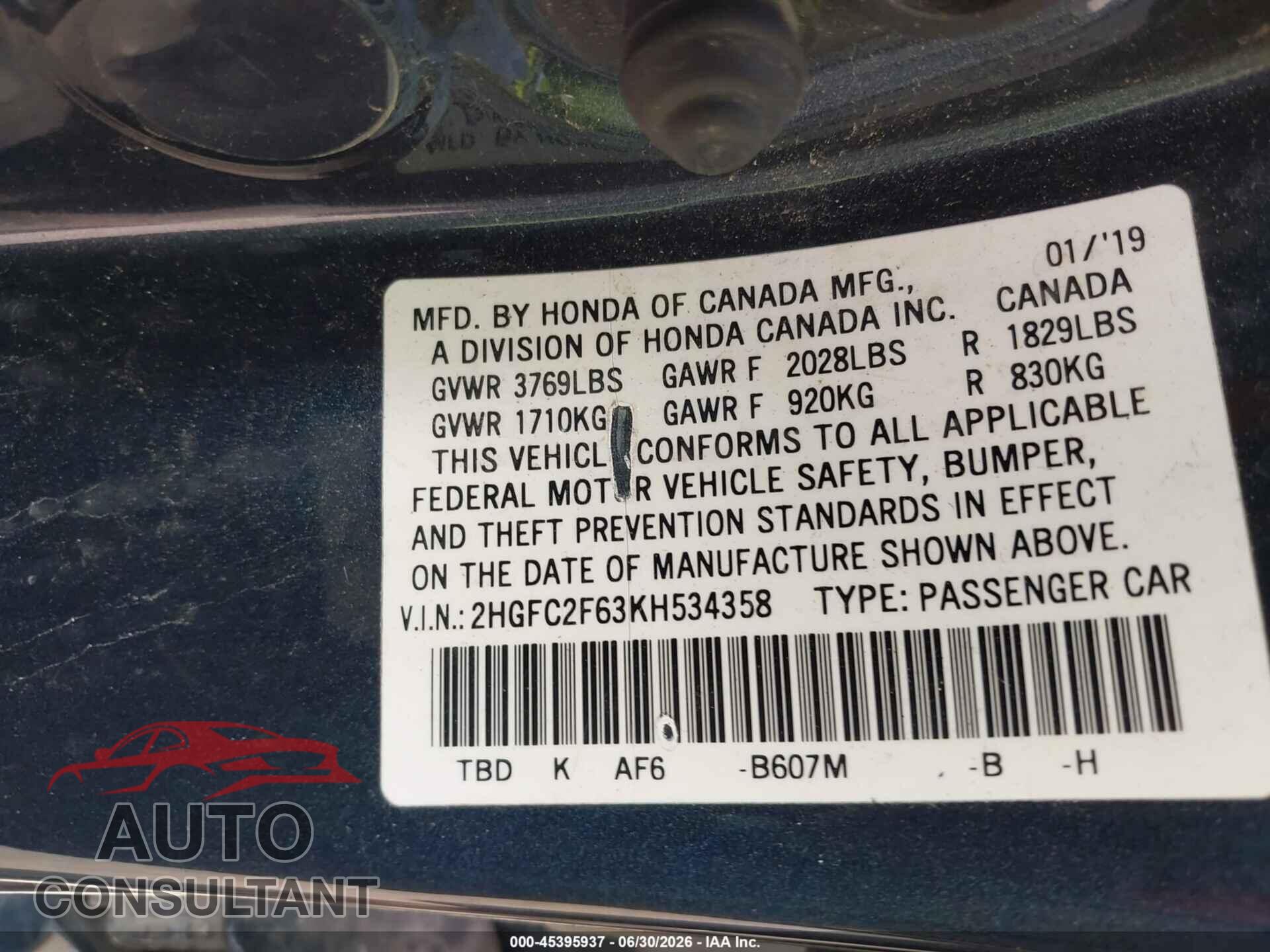 HONDA CIVIC 2019 - 2HGFC2F63KH534358