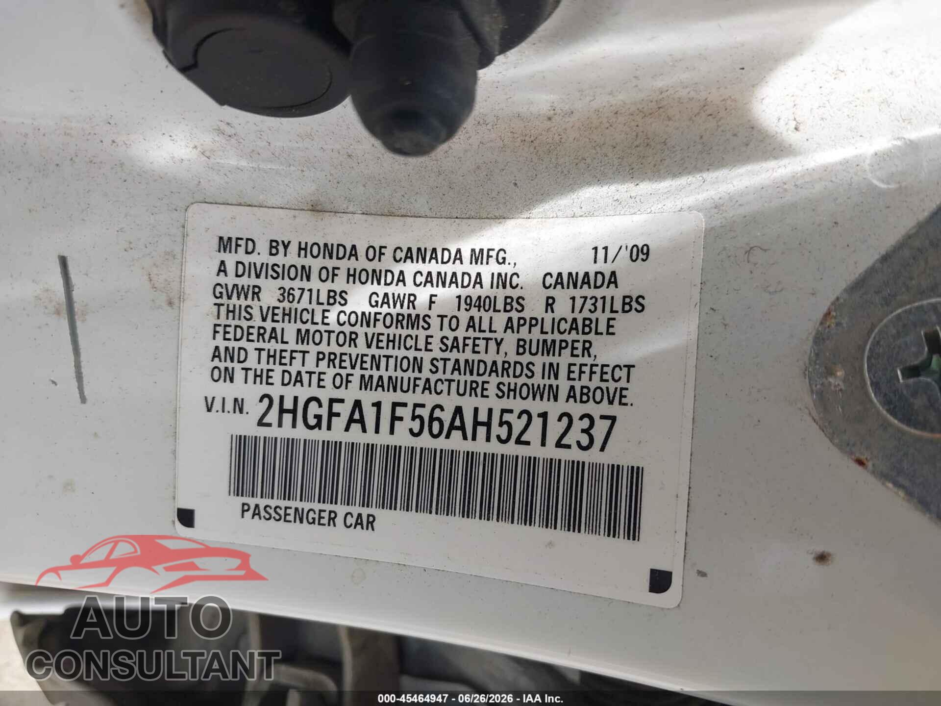 HONDA CIVIC 2010 - 2HGFA1F56AH521237