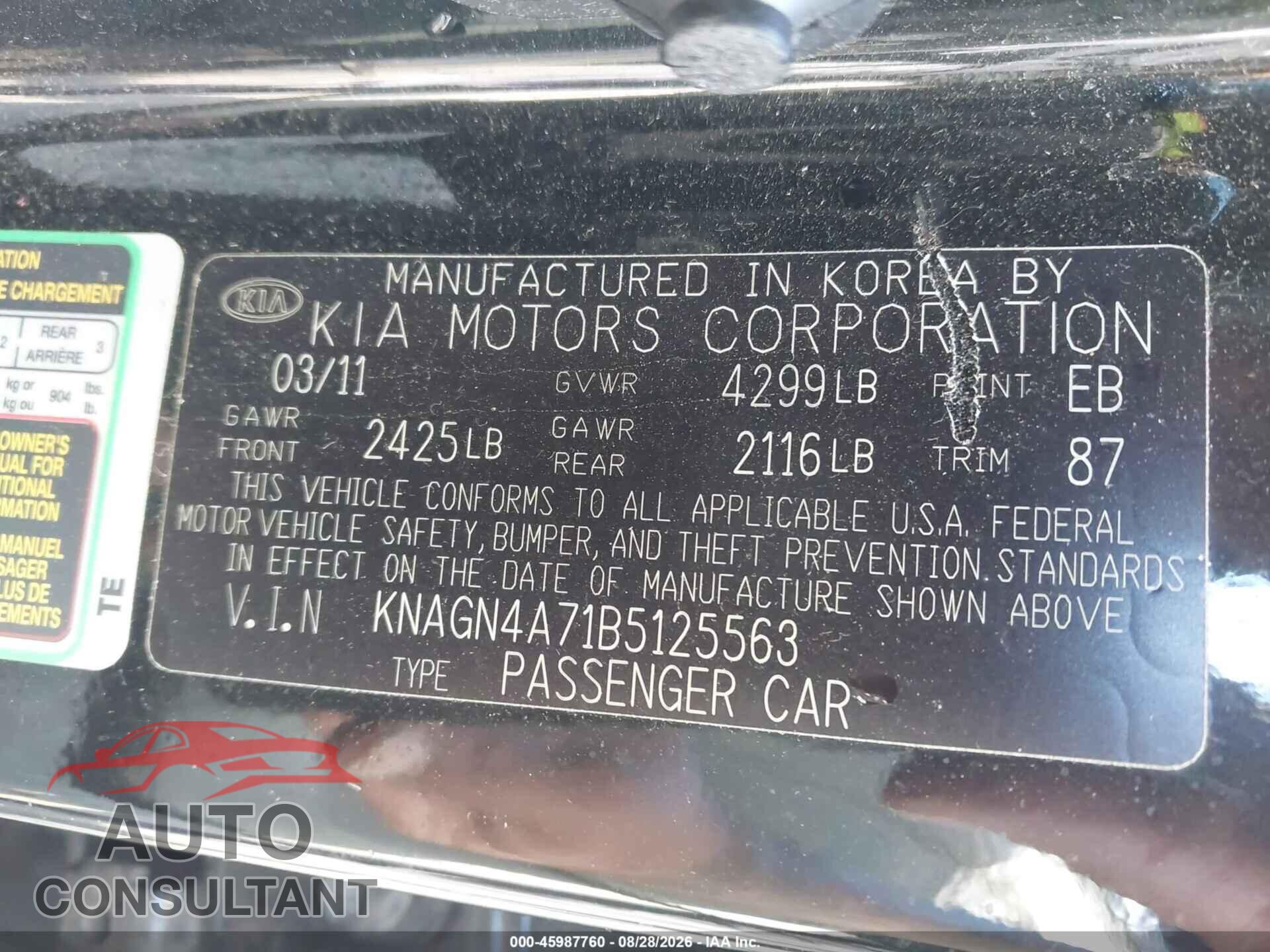 KIA OPTIMA 2011 - KNAGN4A71B5125563