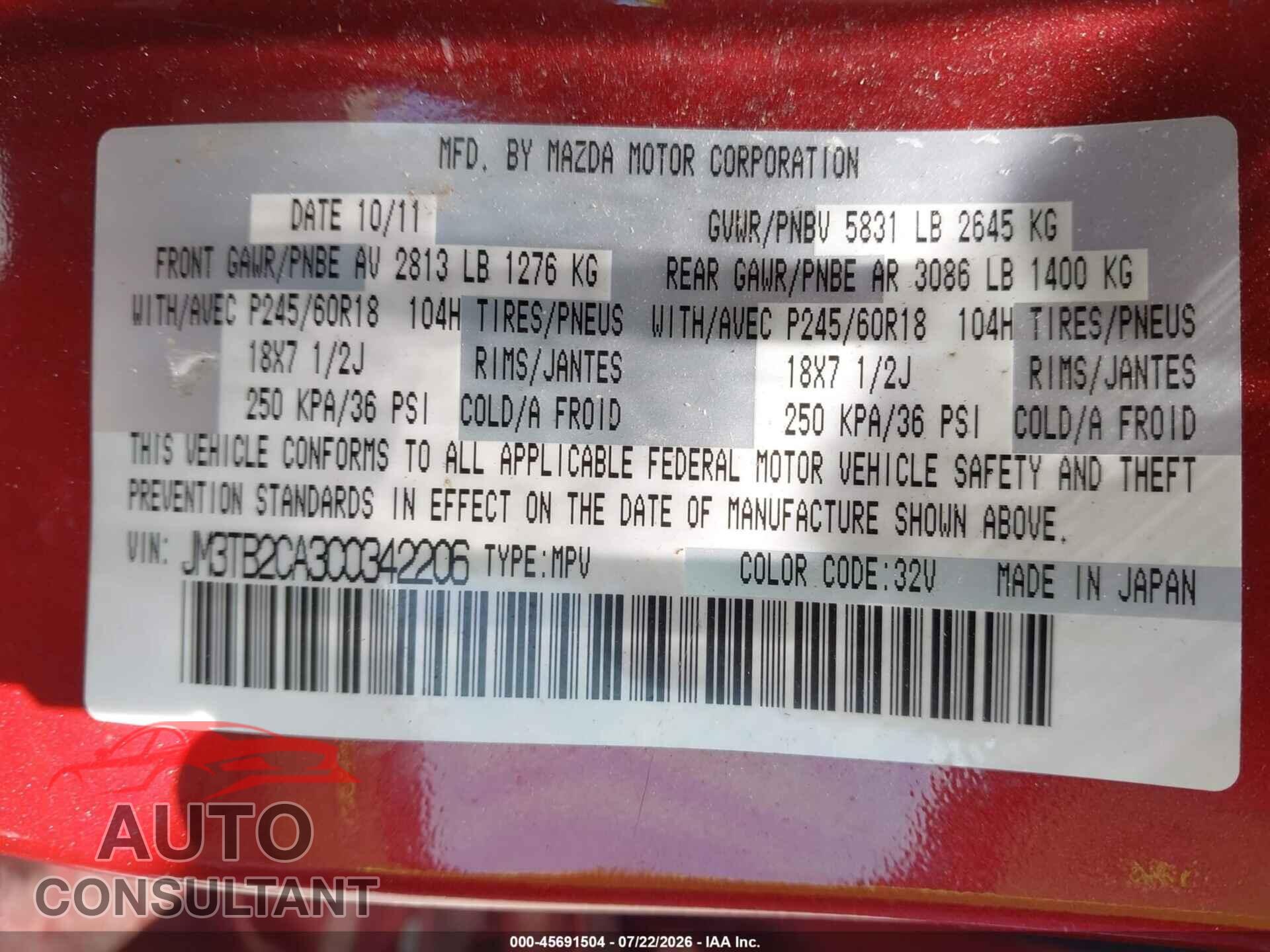 MAZDA CX-9 2012 - JM3TB2CA3C0342206