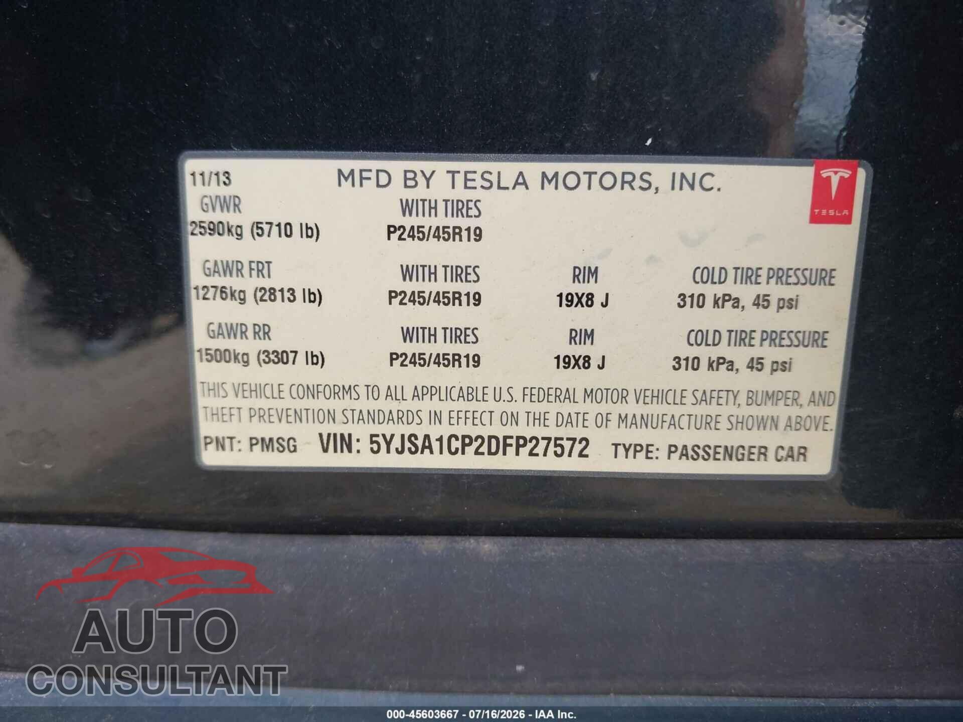 TESLA MODEL S 2013 - 5YJSA1CP2DFP27572