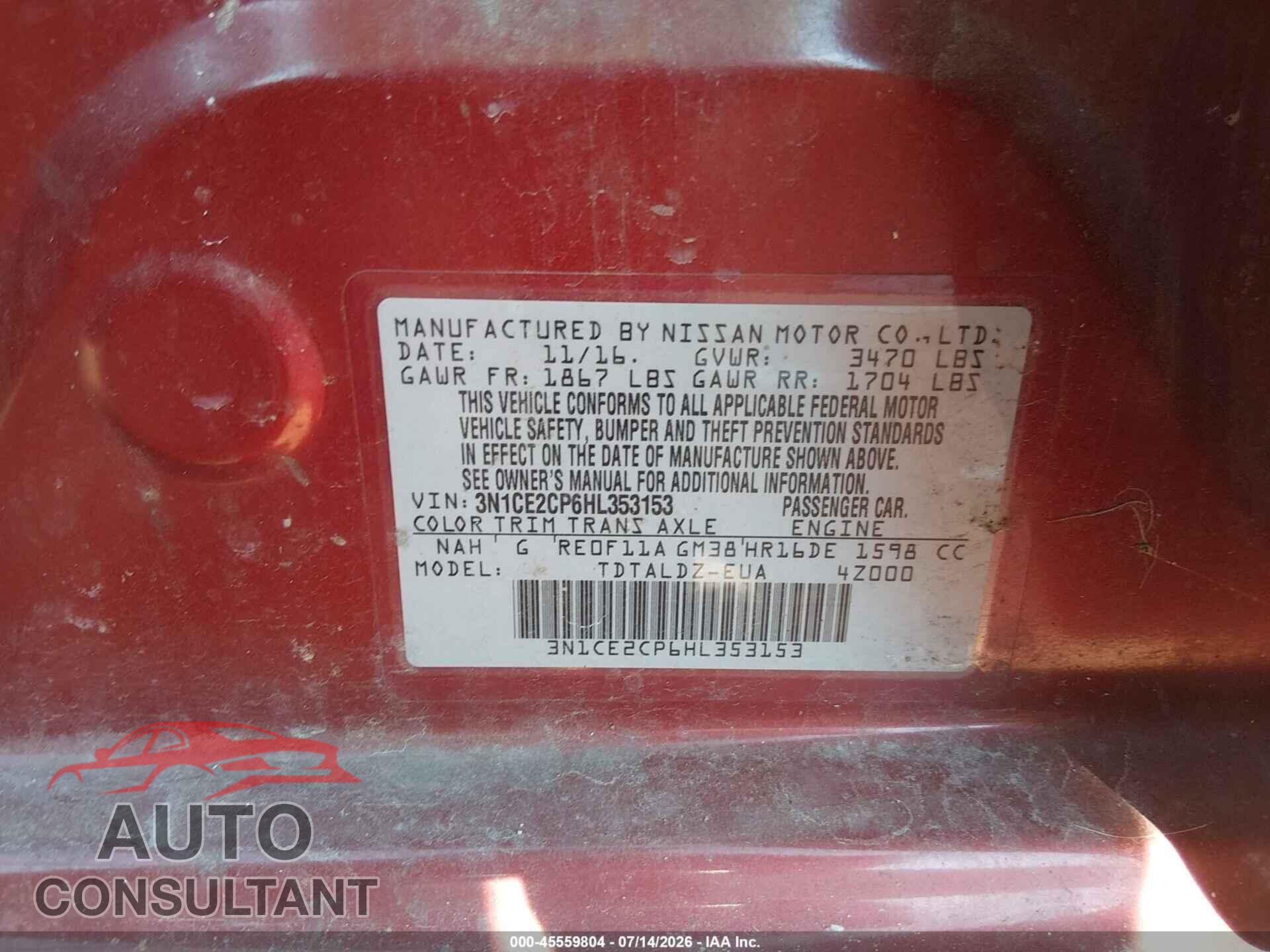 NISSAN VERSA NOTE 2017 - 3N1CE2CP6HL353153