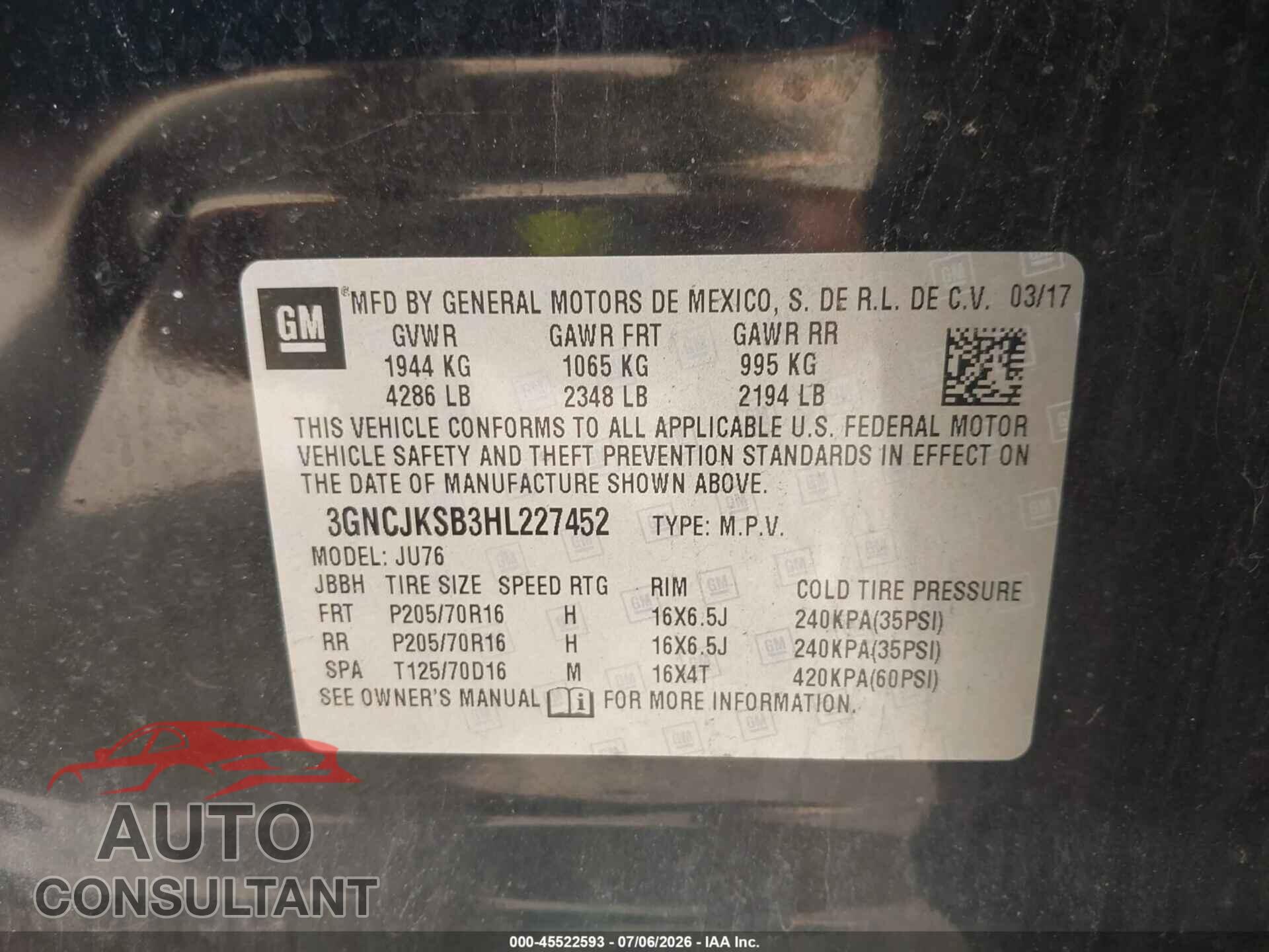 CHEVROLET TRAX 2017 - 3GNCJKSB3HL227452