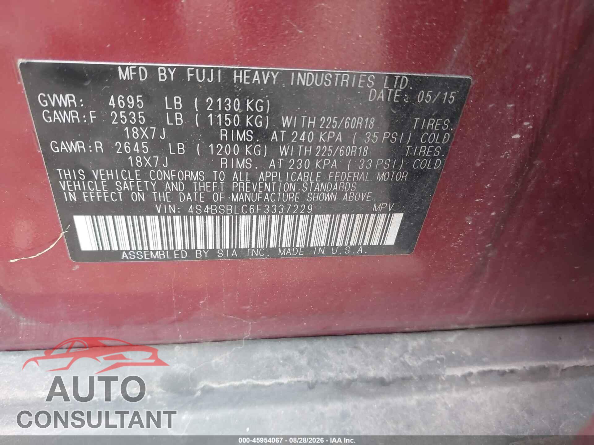 SUBARU OUTBACK 2015 - 4S4BSBLC6F3337229