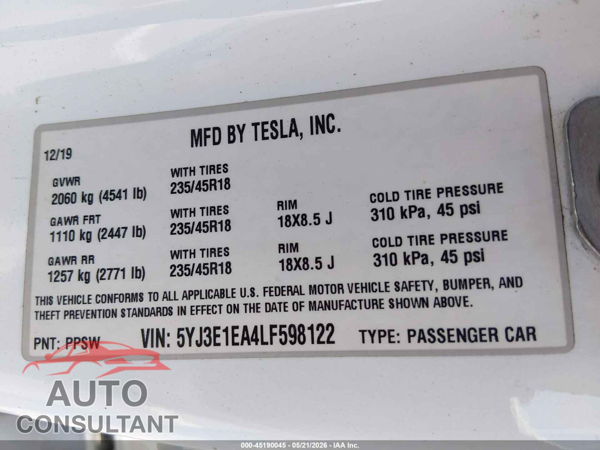 TESLA MODEL 3 2020 - 5YJ3E1EA4LF598122