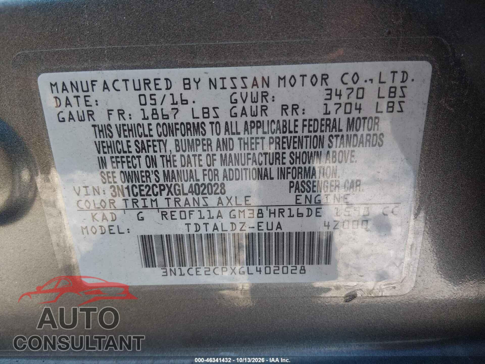 NISSAN VERSA NOTE 2016 - 3N1CE2CPXGL402028
