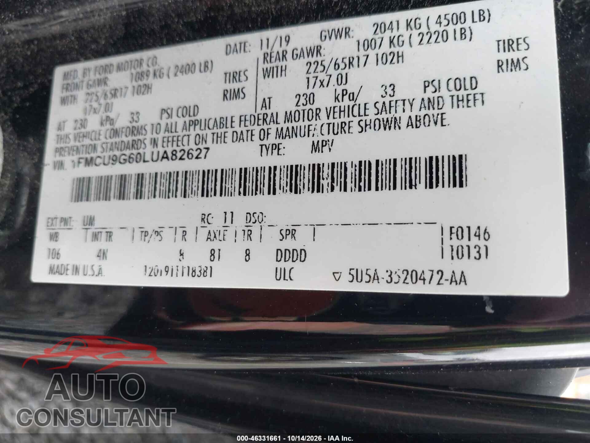FORD ESCAPE 2020 - 1FMCU9G60LUA82627