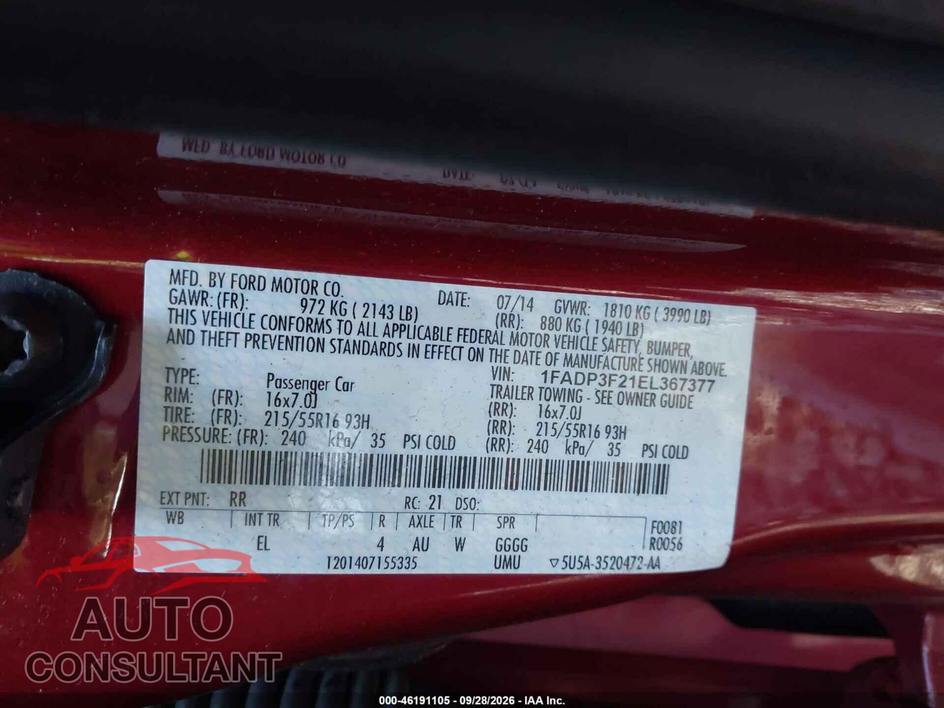 FORD FOCUS 2014 - 1FADP3F21EL367377