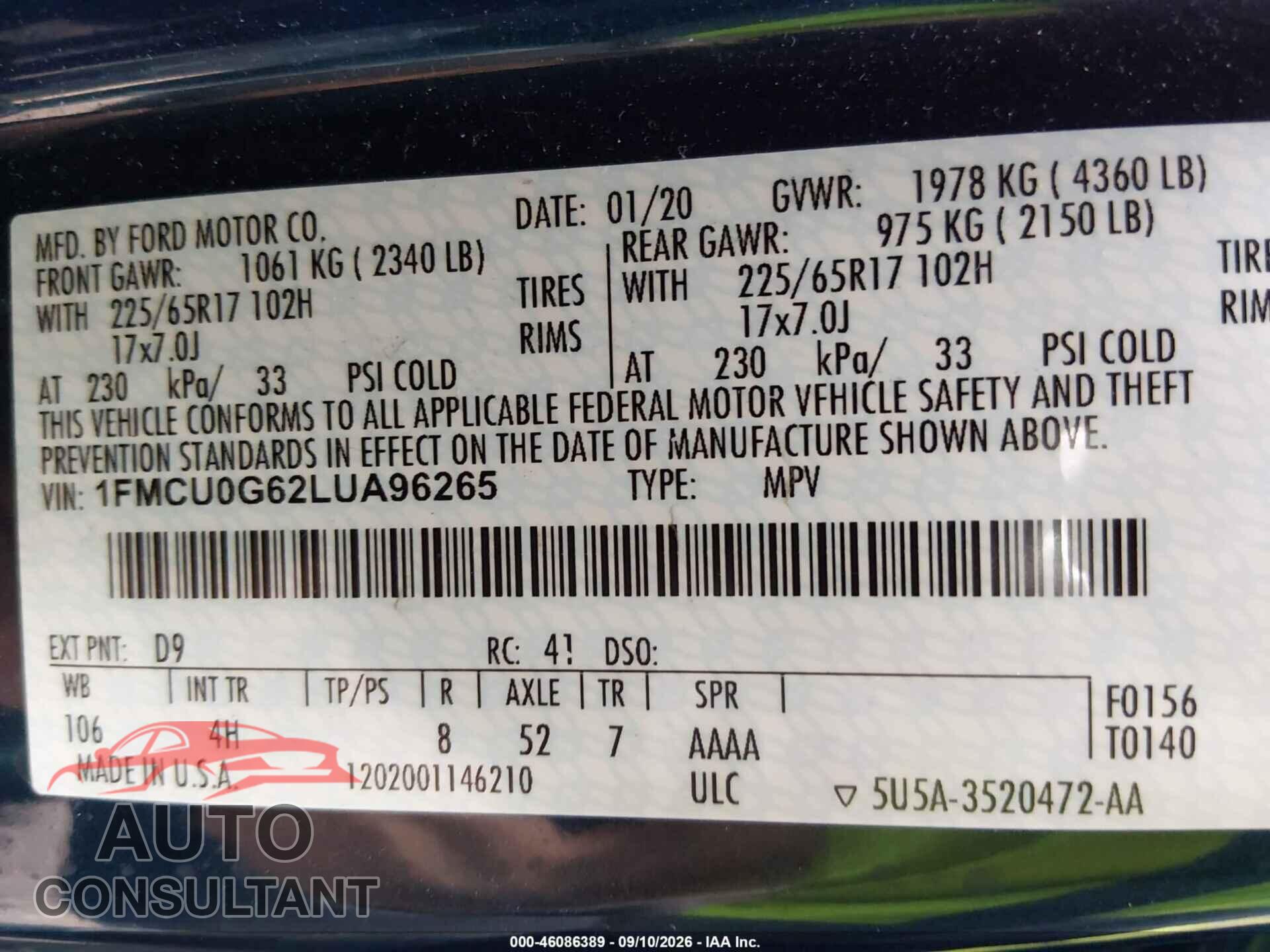 FORD ESCAPE 2020 - 1FMCU0G62LUA96265