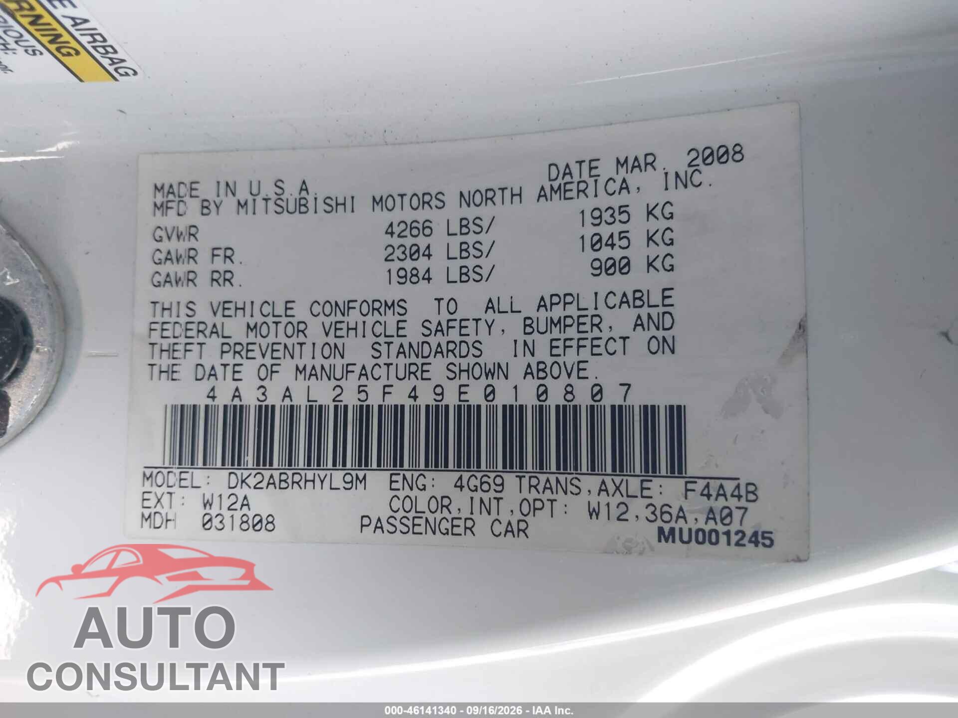 MITSUBISHI ECLIPSE SPYDER 2009 - 4A3AL25F49E010807