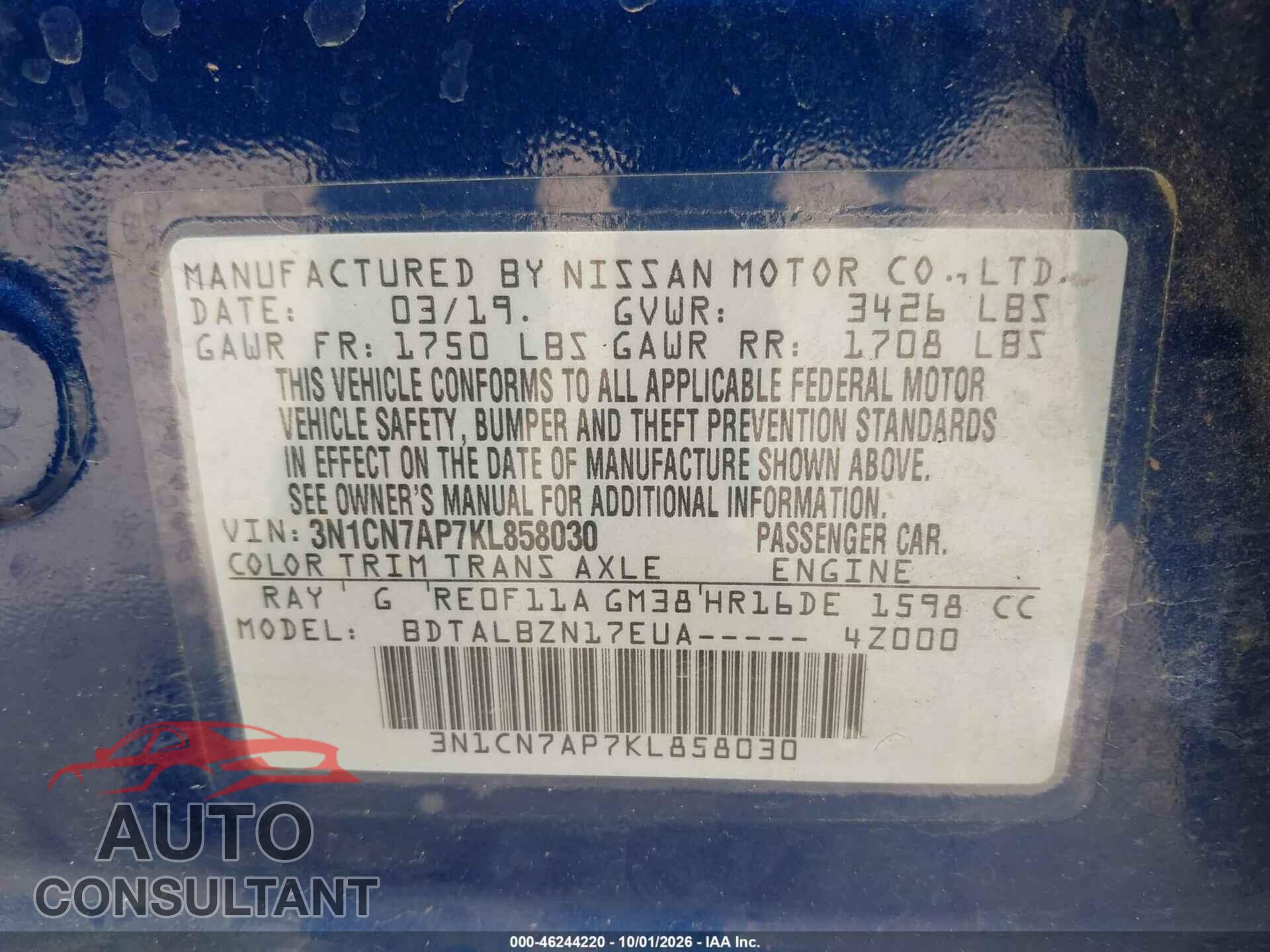 NISSAN VERSA 2019 - 3N1CN7AP7KL858030