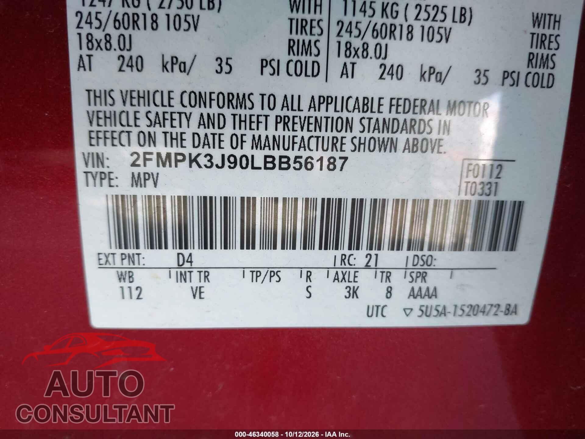 FORD EDGE 2020 - 2FMPK3J90LBB56187