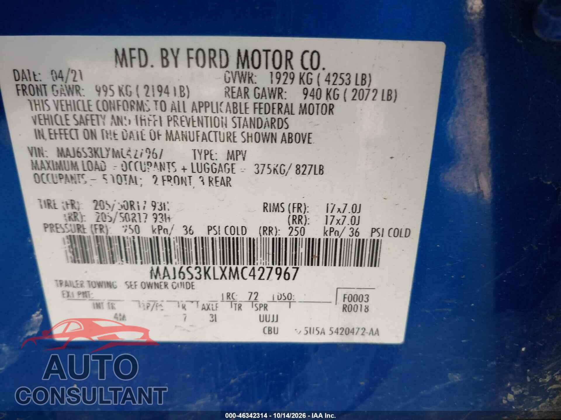 FORD ECOSPORT 2021 - MAJ6S3KLXMC427967