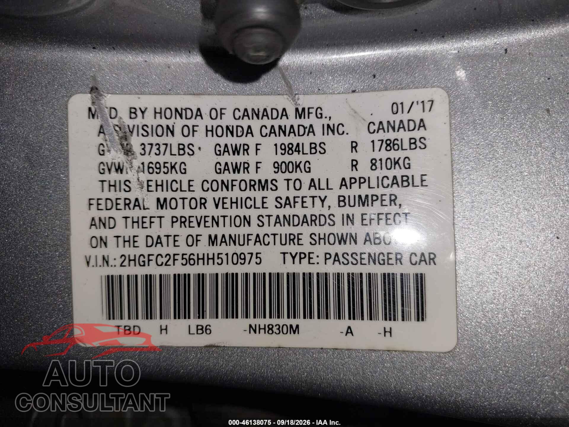 HONDA CIVIC 2017 - 2HGFC2F56HH510975