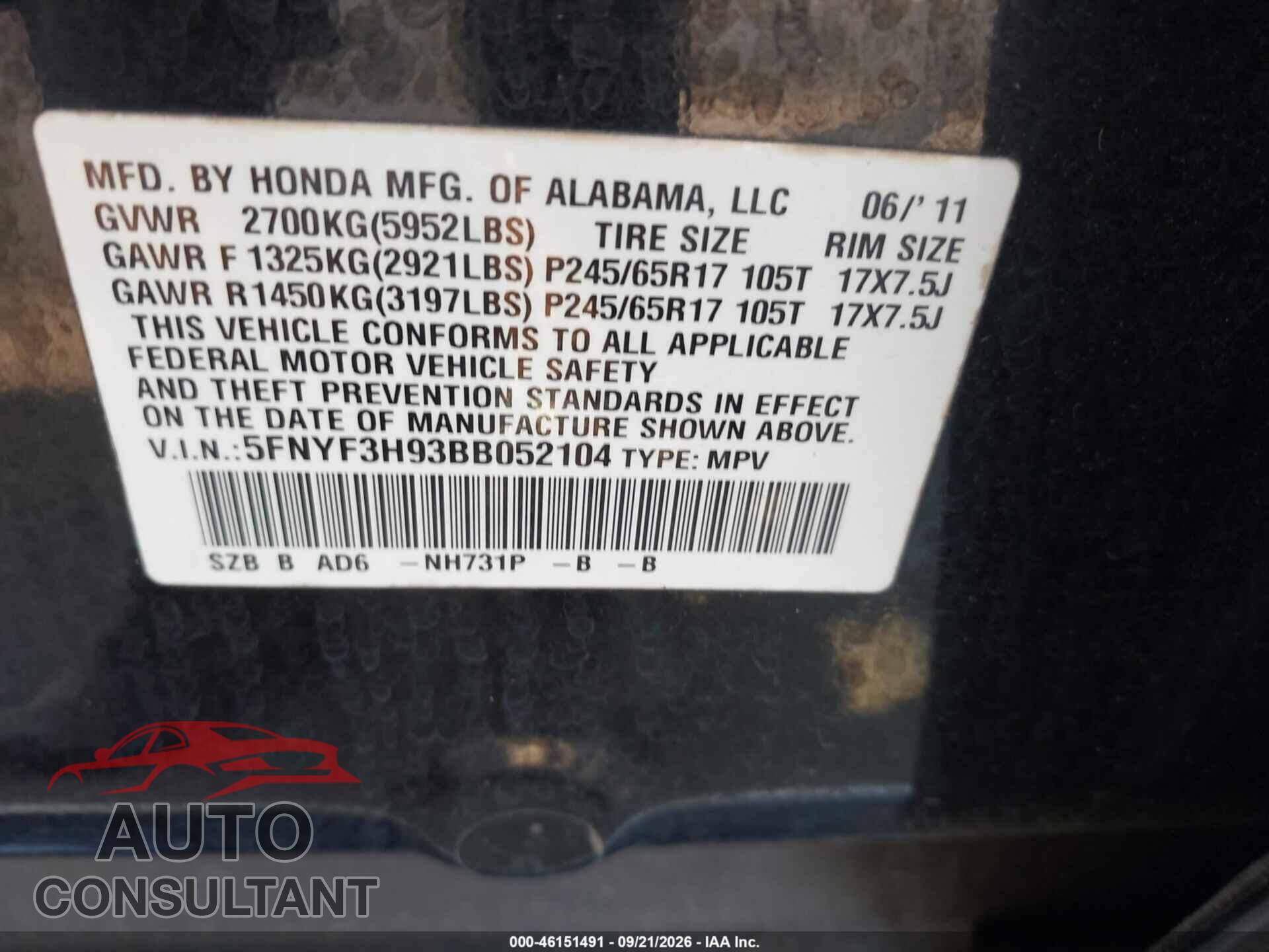 HONDA PILOT 2011 - 5FNYF3H93BB052104
