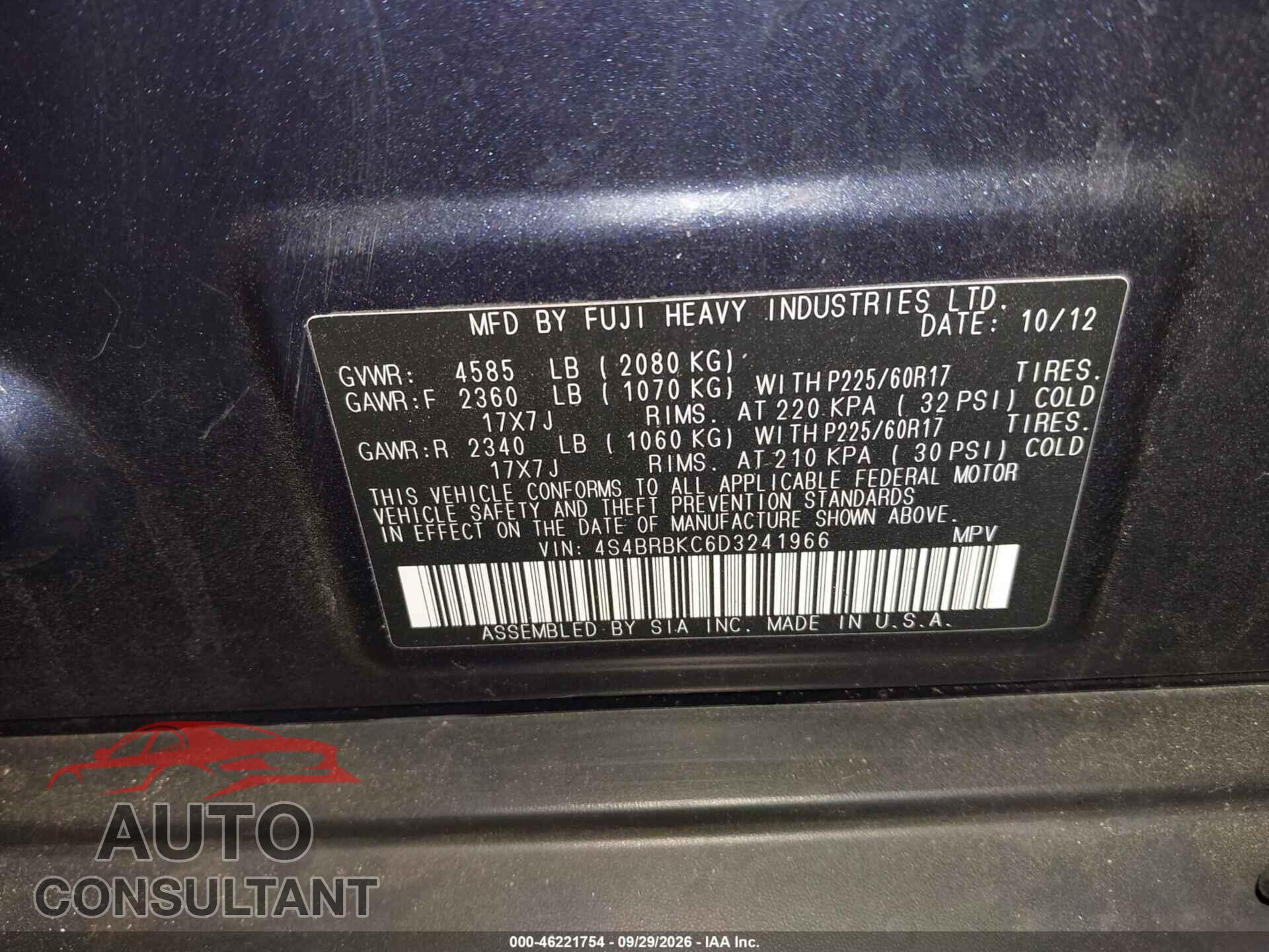 SUBARU OUTBACK 2013 - 4S4BRBKC6D3241966