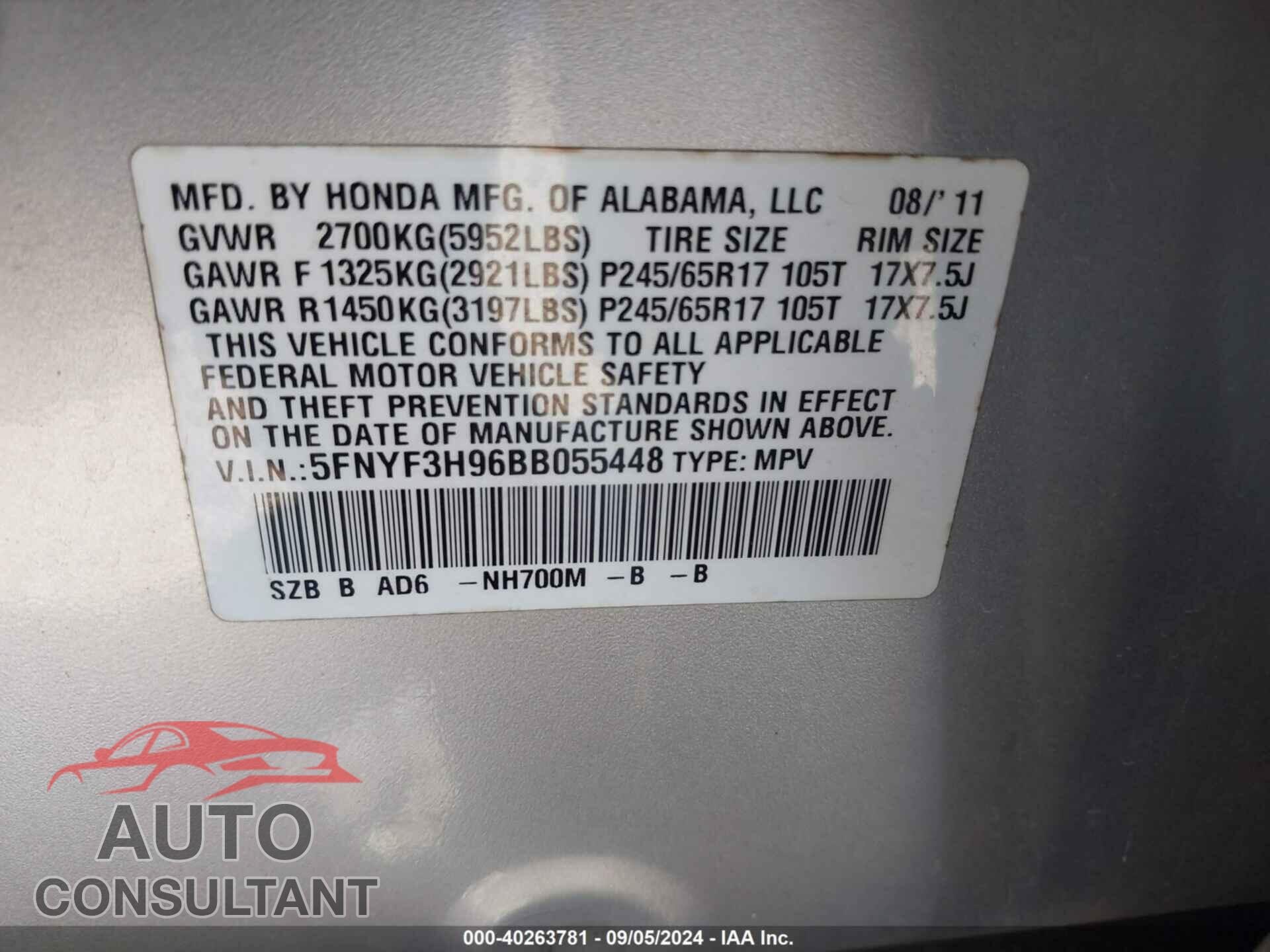 HONDA PILOT 2011 - 5FNYF3H96BB055448