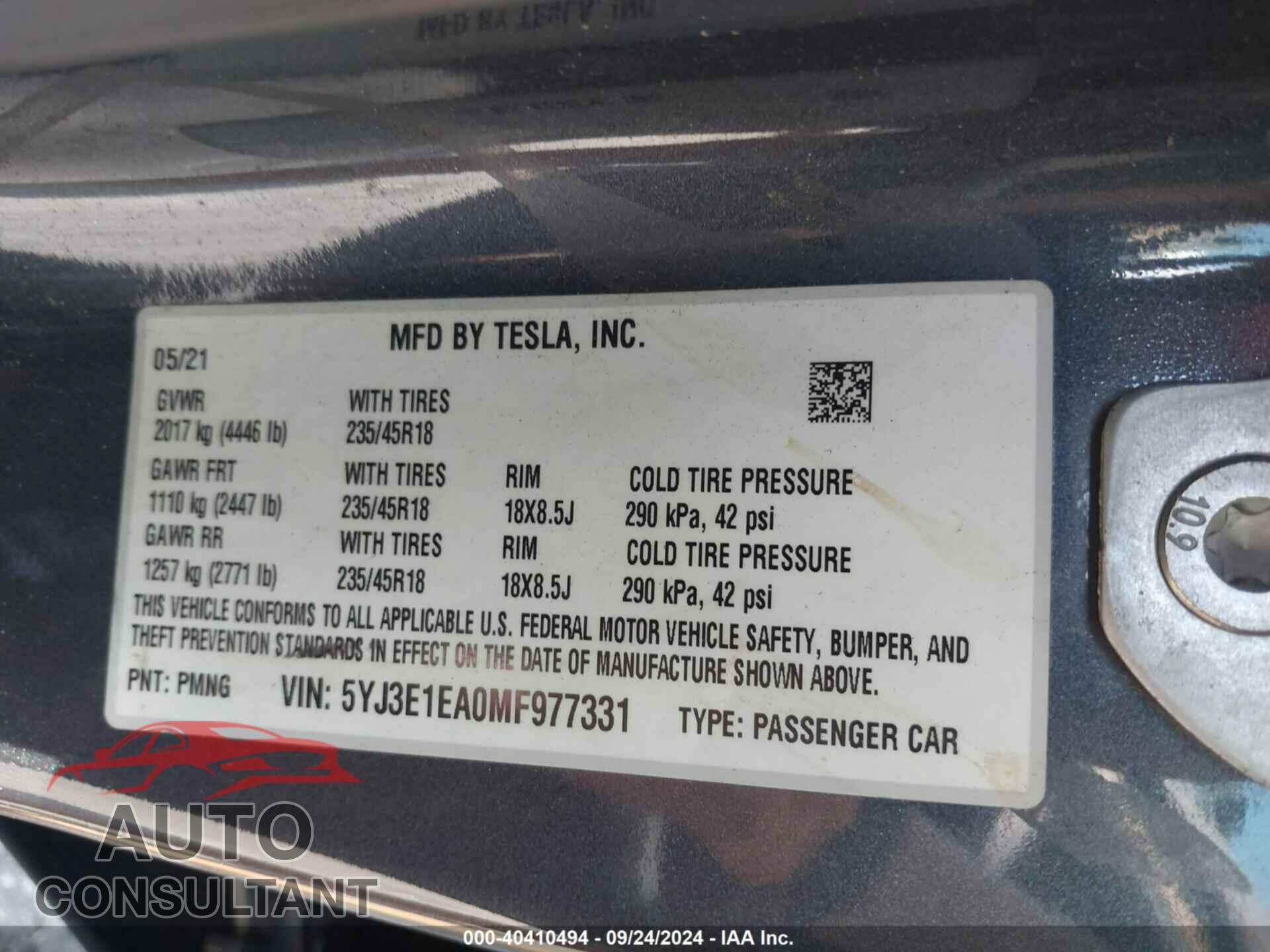 TESLA MODEL 3 2021 - 5YJ3E1EA0MF977331