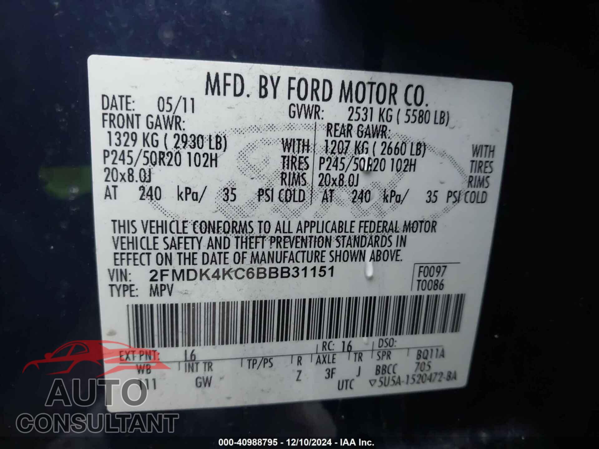 FORD EDGE 2011 - 2FMDK4KC6BBB31151