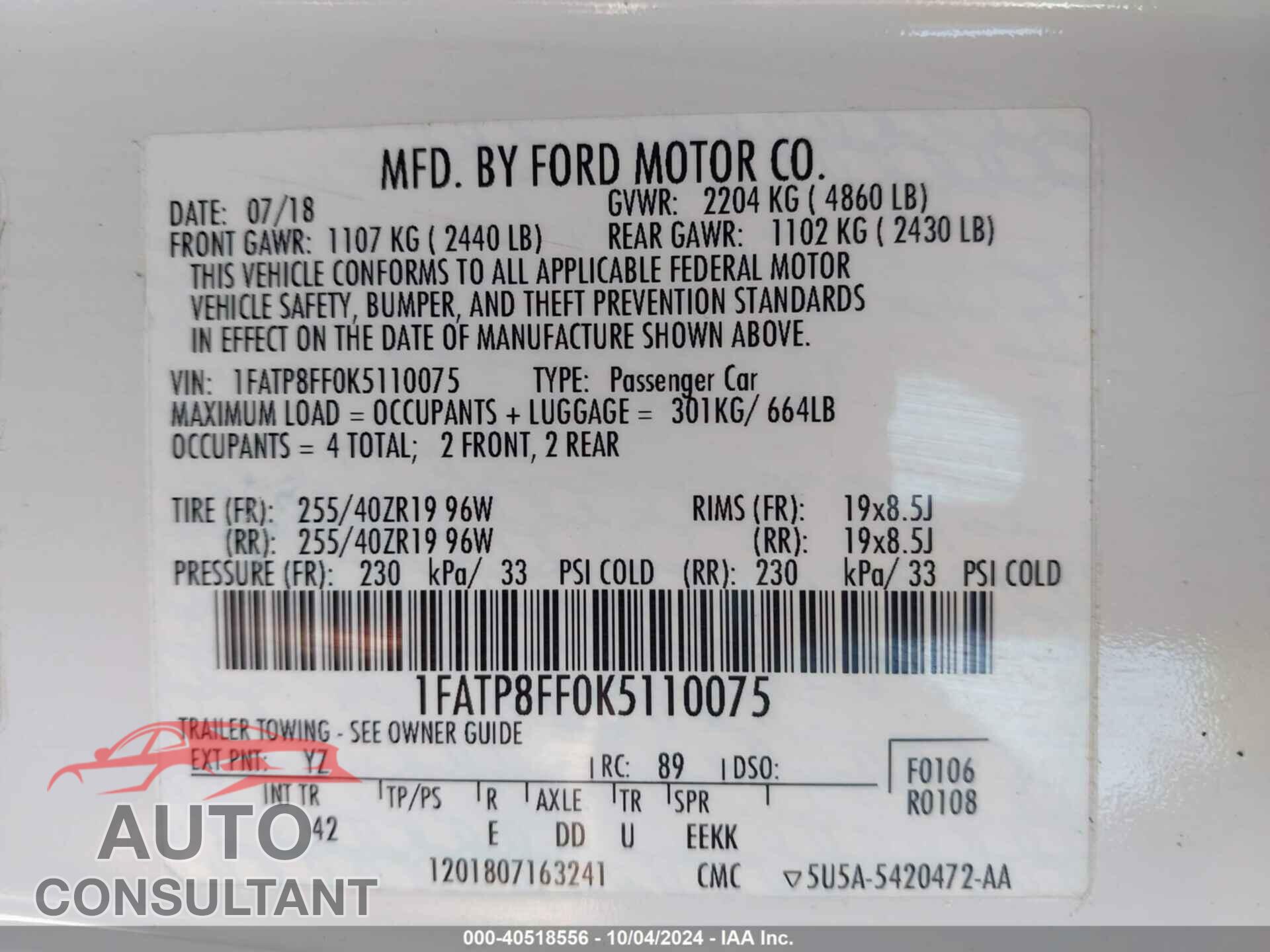 FORD MUSTANG 2019 - 1FATP8FF0K5110075