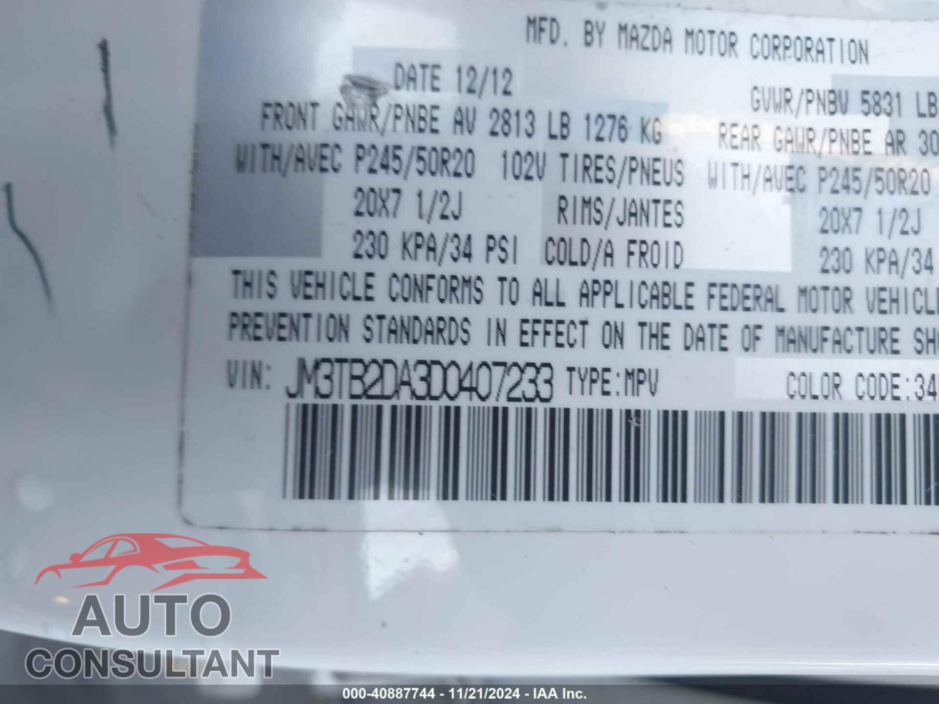 MAZDA CX-9 2013 - JM3TB2DA3D0407233