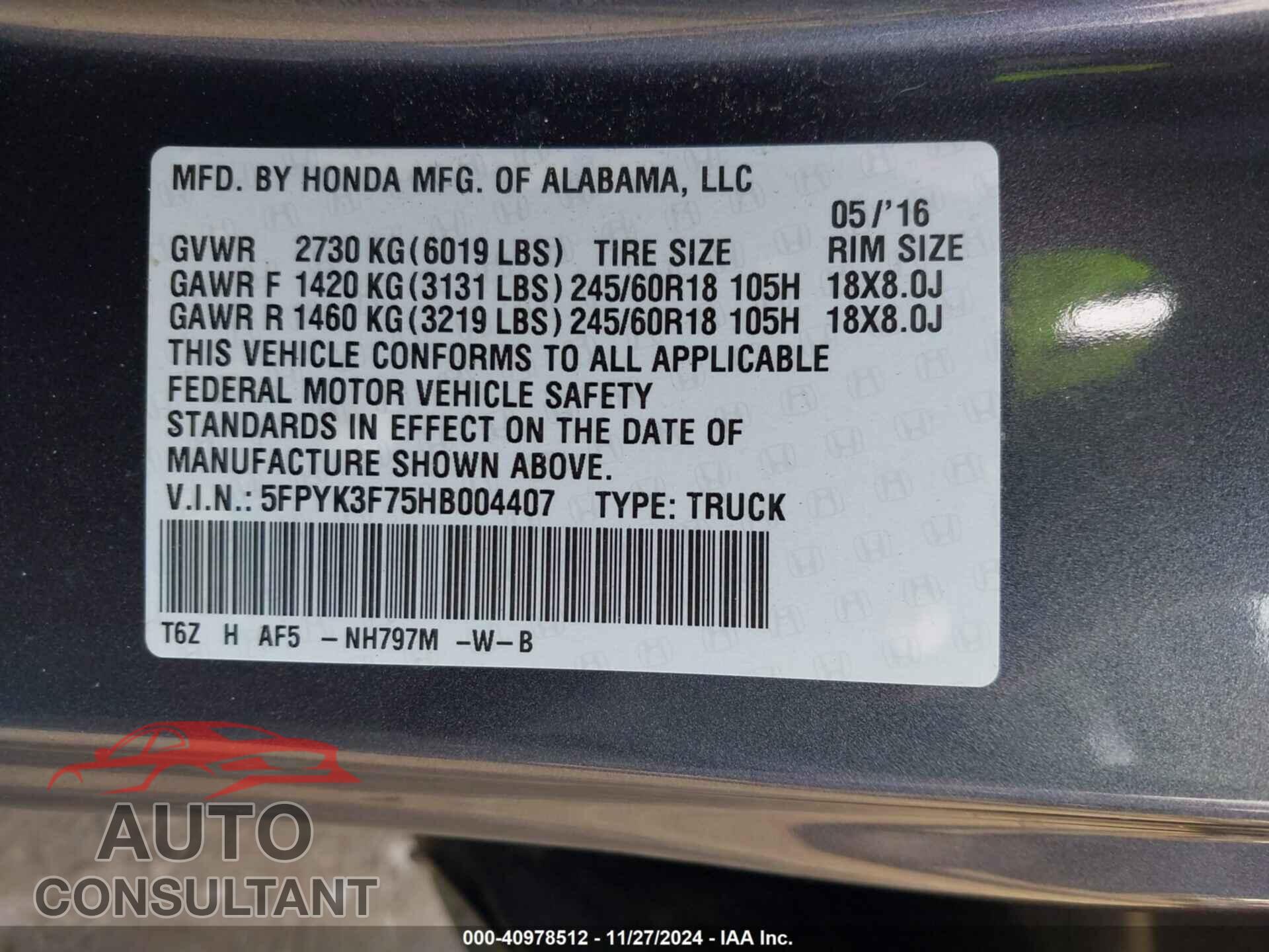 HONDA RIDGELINE 2017 - 5FPYK3F75HB004407