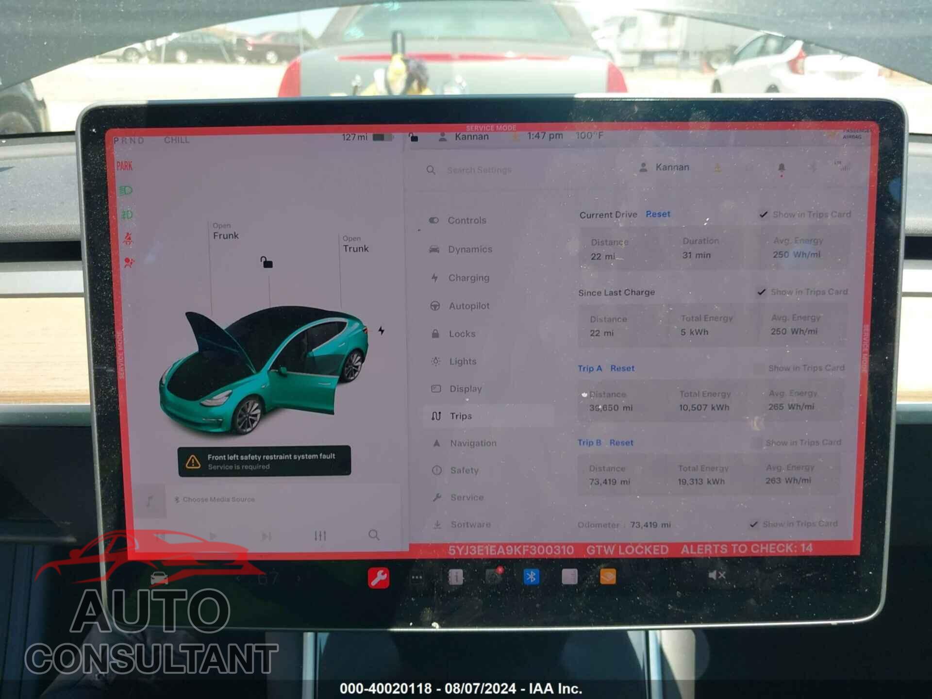TESLA MODEL 3 2019 - 5YJ3E1EA9KF300310