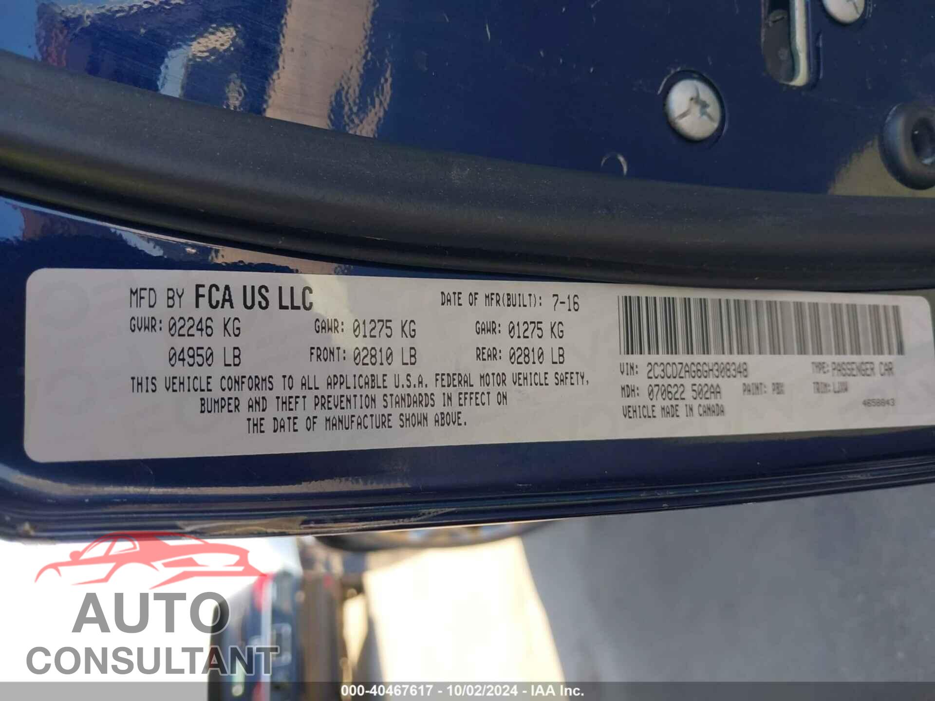 DODGE CHALLENGER 2016 - 2C3CDZAG6GH308348