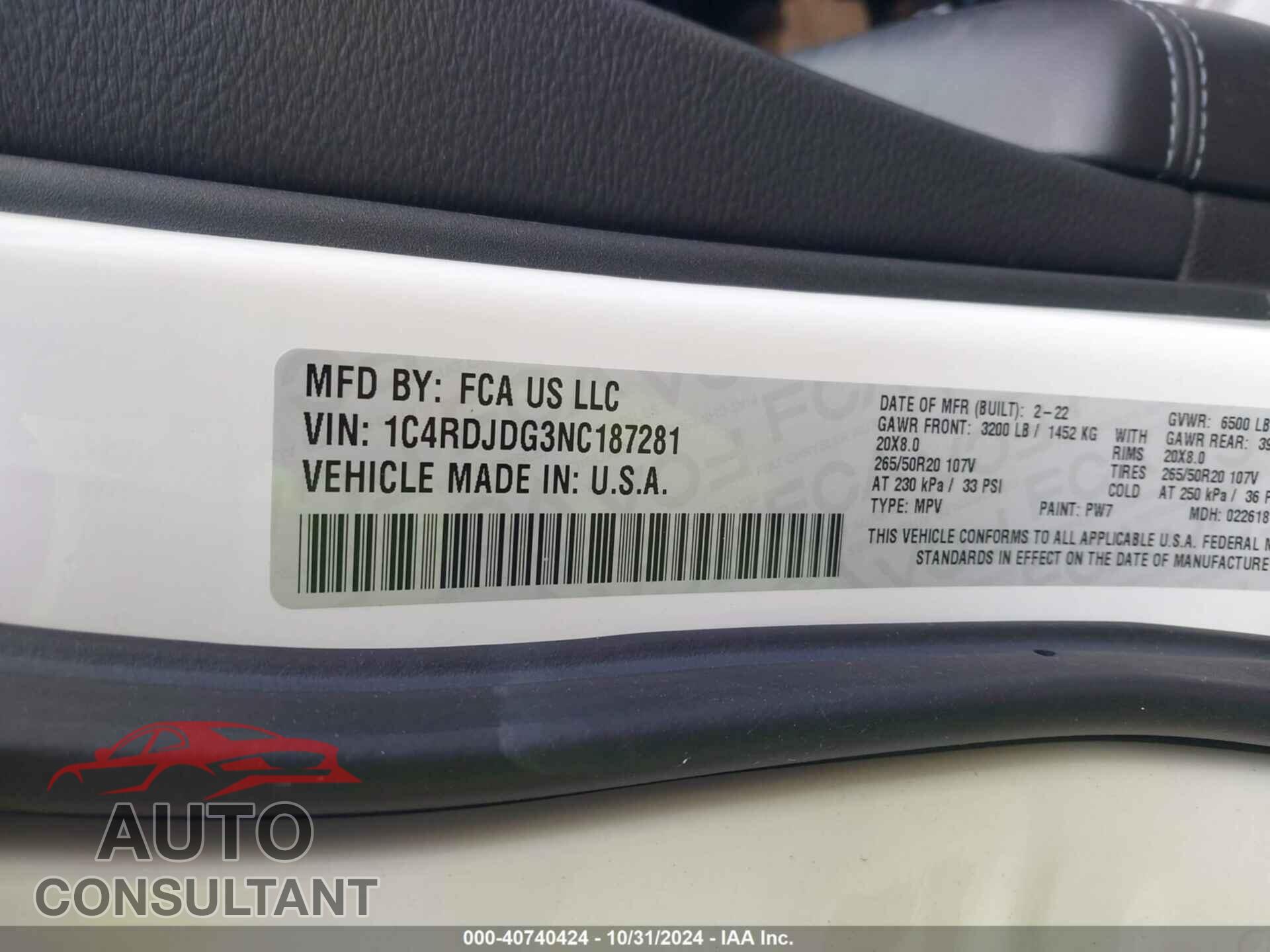 DODGE DURANGO 2022 - 1C4RDJDG3NC187281