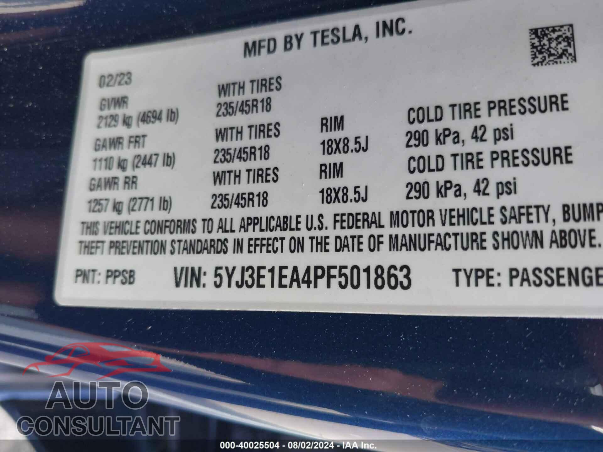 TESLA MODEL 3 2023 - 5YJ3E1EA4PF501863