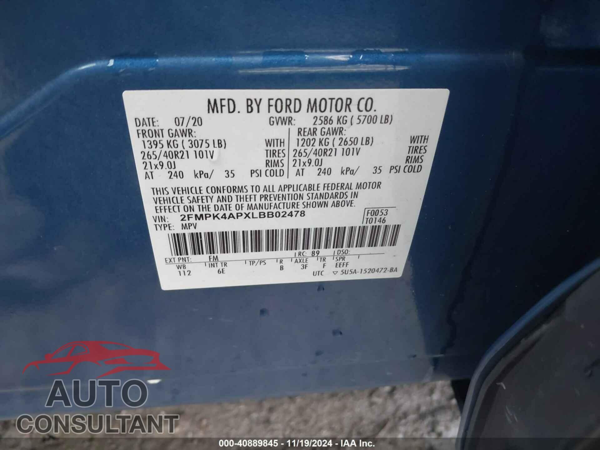 FORD EDGE 2020 - 2FMPK4APXLBB02478